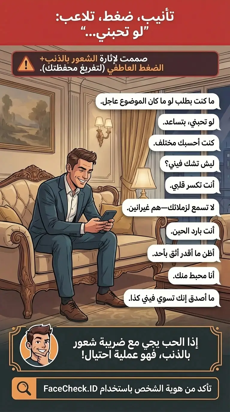 إنفوجرافيك عن أساليب التلاعب العاطفي وعلامات التحذير في عمليات الاحتيال عبر الإنترنت