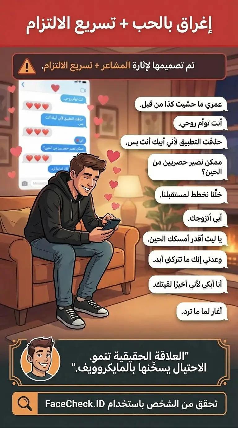 إنفوجرافيك عن علامات التحذير من إغراق الحب تظهر عبر الدردشات الرقمية وأنماط المراسلة