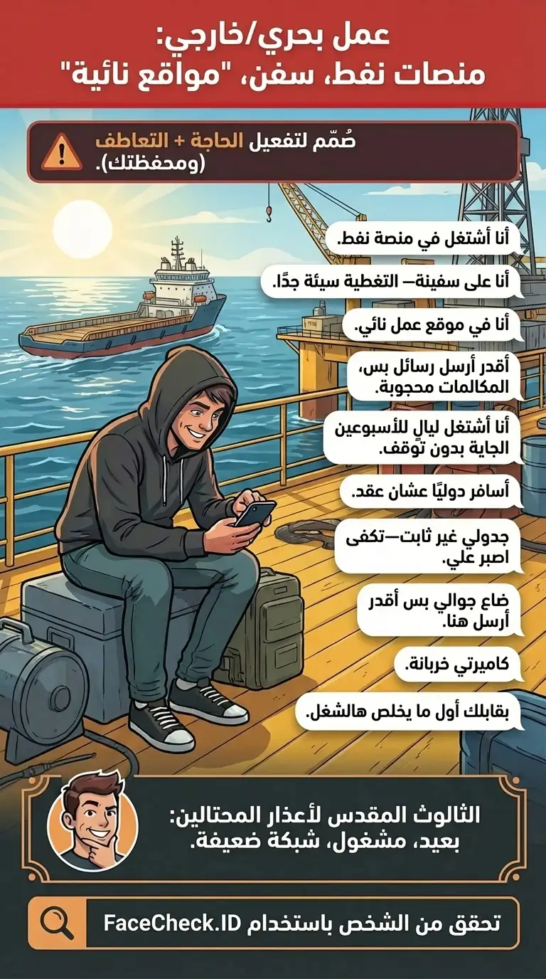 إنفوجرافيك عن أعذار انتحال الهوية في أعمال خارجية مثل منصات النفط والسفن والمواقع النائية وأعذار ضعف الشبكة