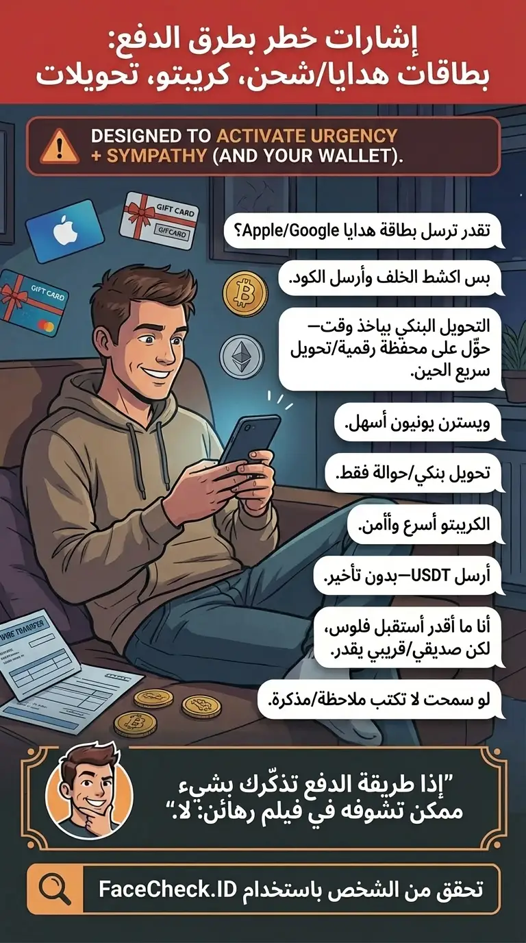 إنفوجرافيك عن إشارات خطر طرق الدفع مثل بطاقات الهدايا، الكريبتو، والتحويلات البنكية