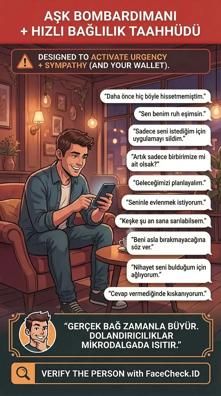 Dijital sohbetler ve mesajlaşma kalıpları üzerinden love-bombing uyarı işaretleri hakkında infografik