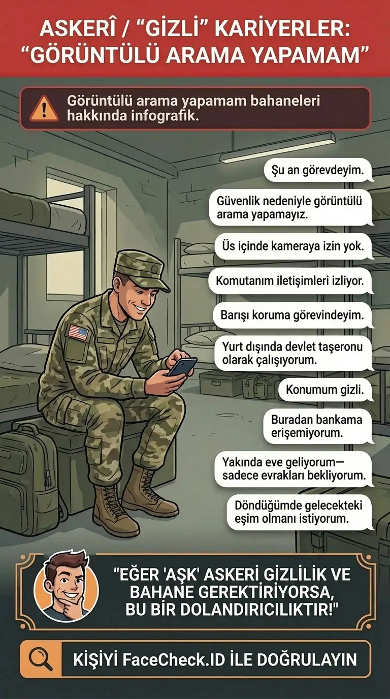 Askerî romantik dolandırıcılıklar ve “Görüntülü arama yapamam” bahaneleri hakkında infografik