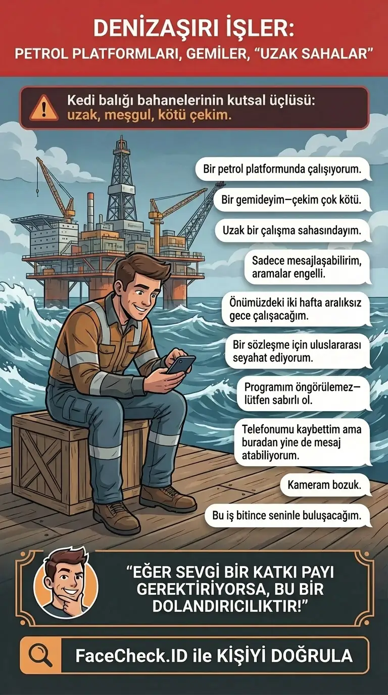 Petrol platformu, gemi, uzak saha gibi kedi balığı bahaneleri ve kötü çekim mazeretleri hakkında infografik