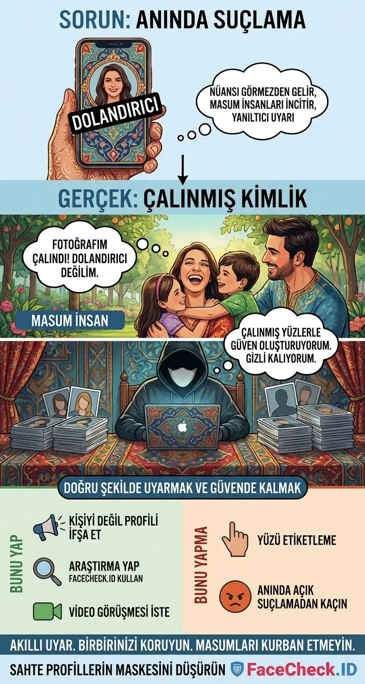 Çalıntı fotoğraftaki kişiyi suçlamaktan kaçınıp kimliğe bürünmeyi şikâyet etmeyi hatırlatan uyarı görseli