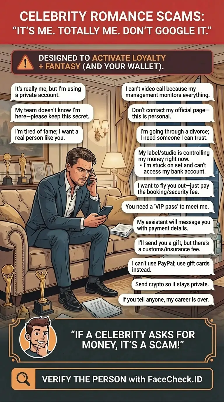 Infographic about celebrity romance scams and impersonation red flags