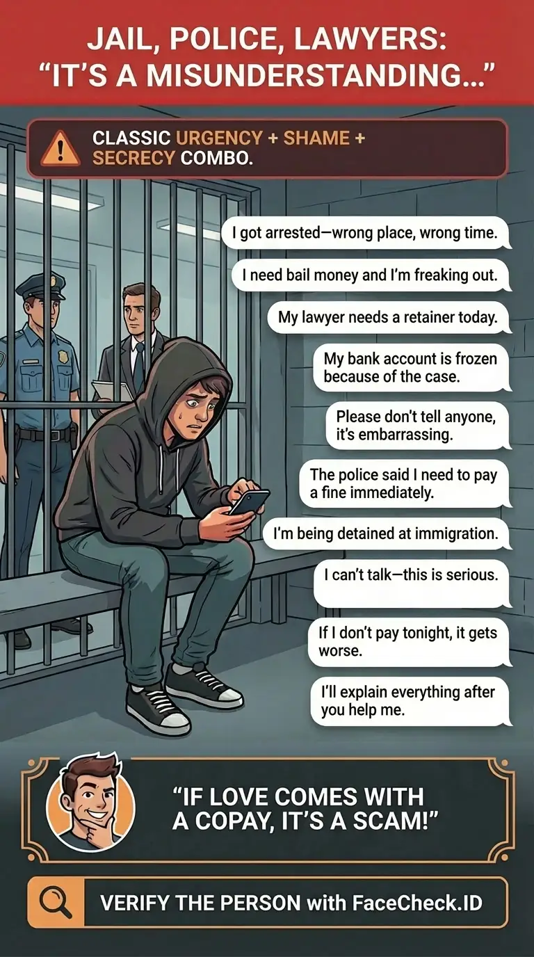 Infographic about jail, police, and lawyer scams using “it’s a misunderstanding” urgency and secrecy