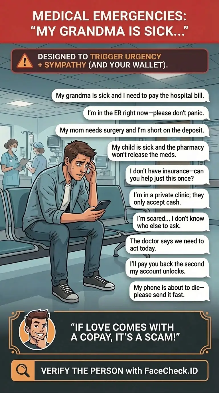 Infographic warning about “My grandma is sick…” medical emergency money-request scams