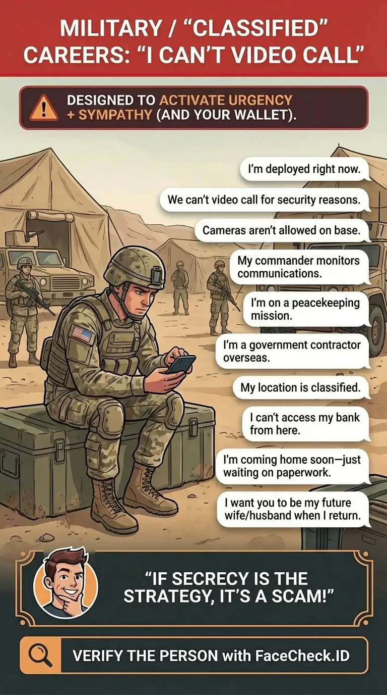 Infographic about military romance scams and “I can’t video call” excuses