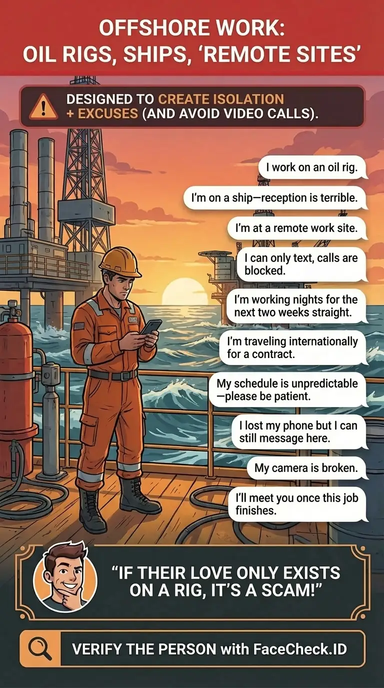 Infographic about offshore work catfish alibis like oil rigs, ships, remote sites, and bad signal excuses