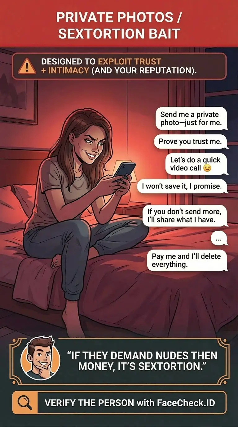 Infographic about private photo bait and sextortion scam tactics