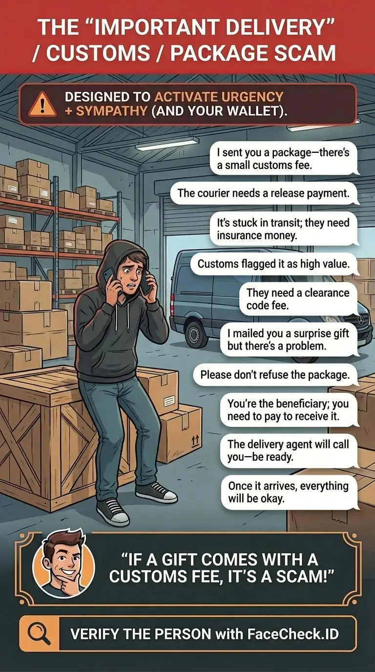 Infographic about “important delivery” customs and package scams demanding urgent payment