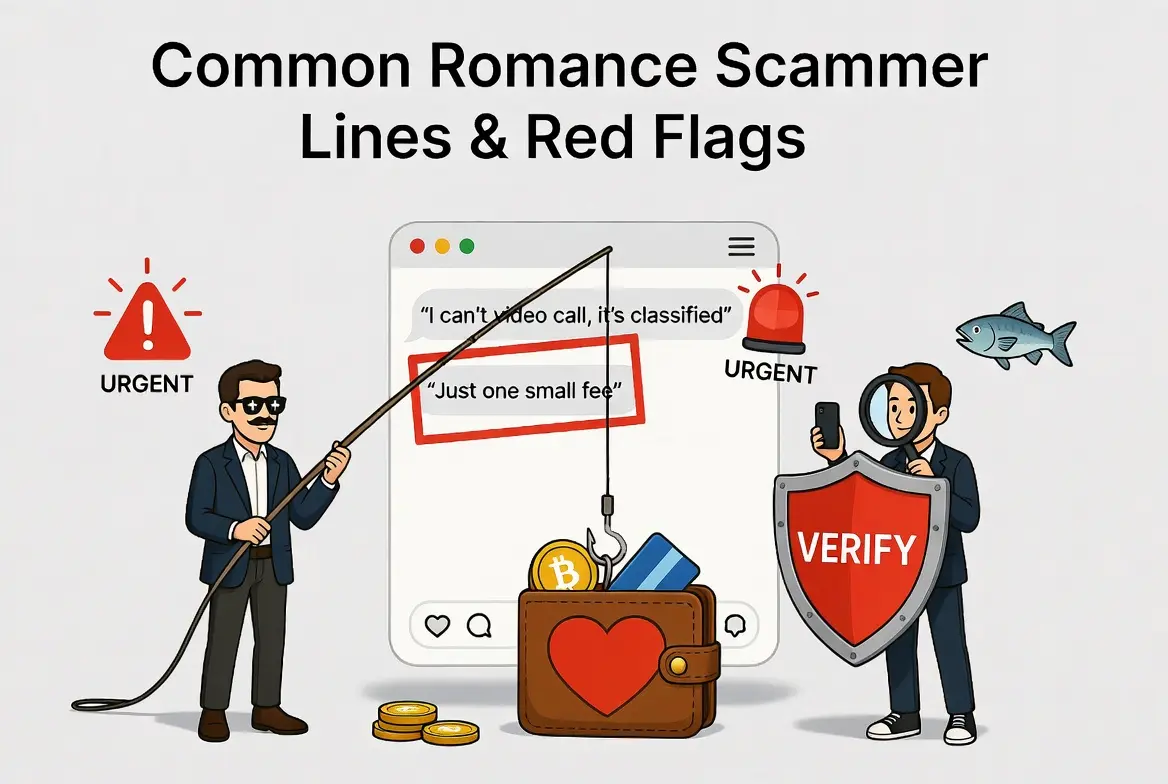 Illustration of common romance scammer lines in a dating chat, highlighting excuses, urgency, and payment requests