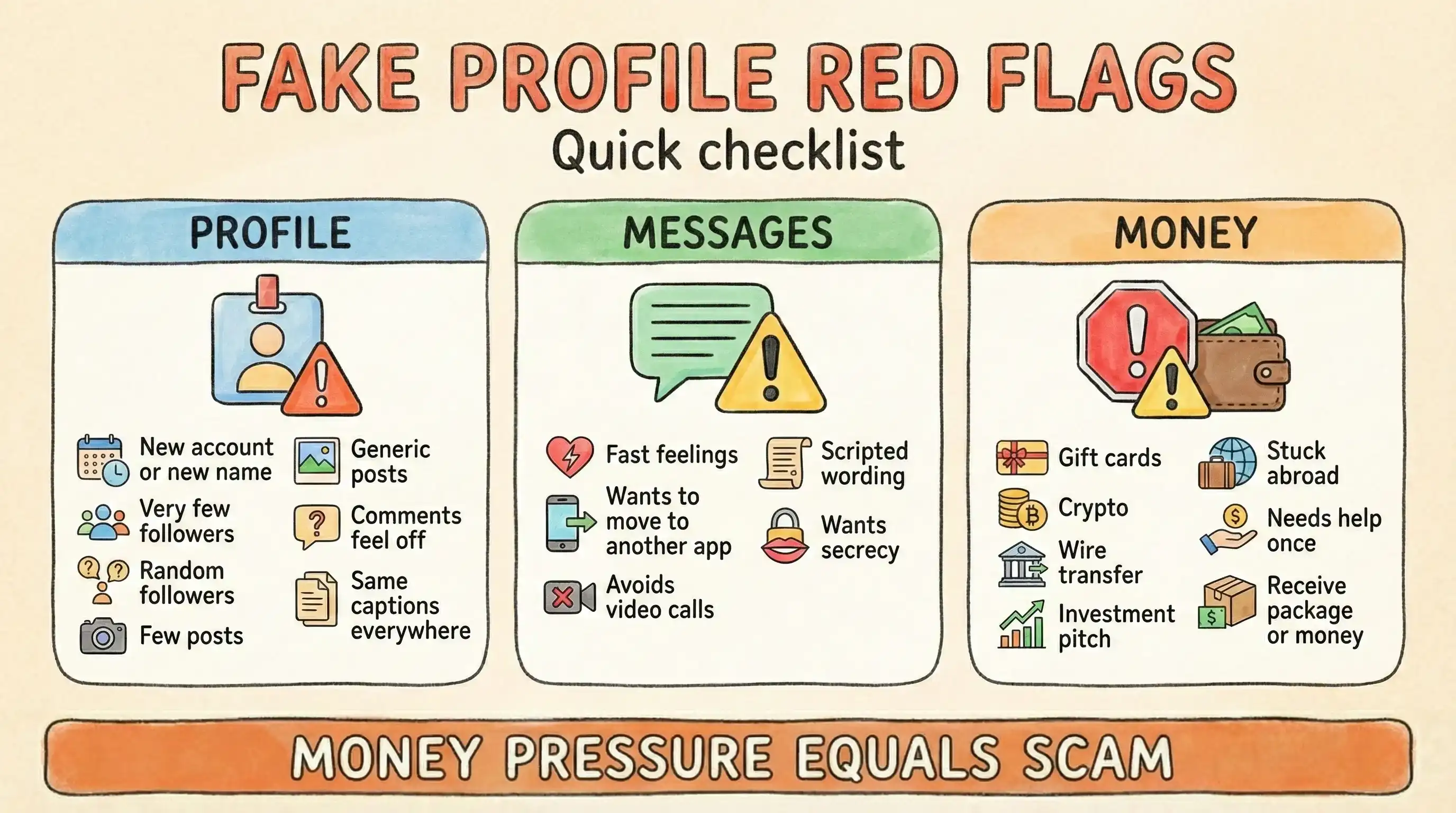 Fake Profile Red Flags checklist infographic illustrating common signs of online scammers related to profiles, messaging behaviors, and financial requests