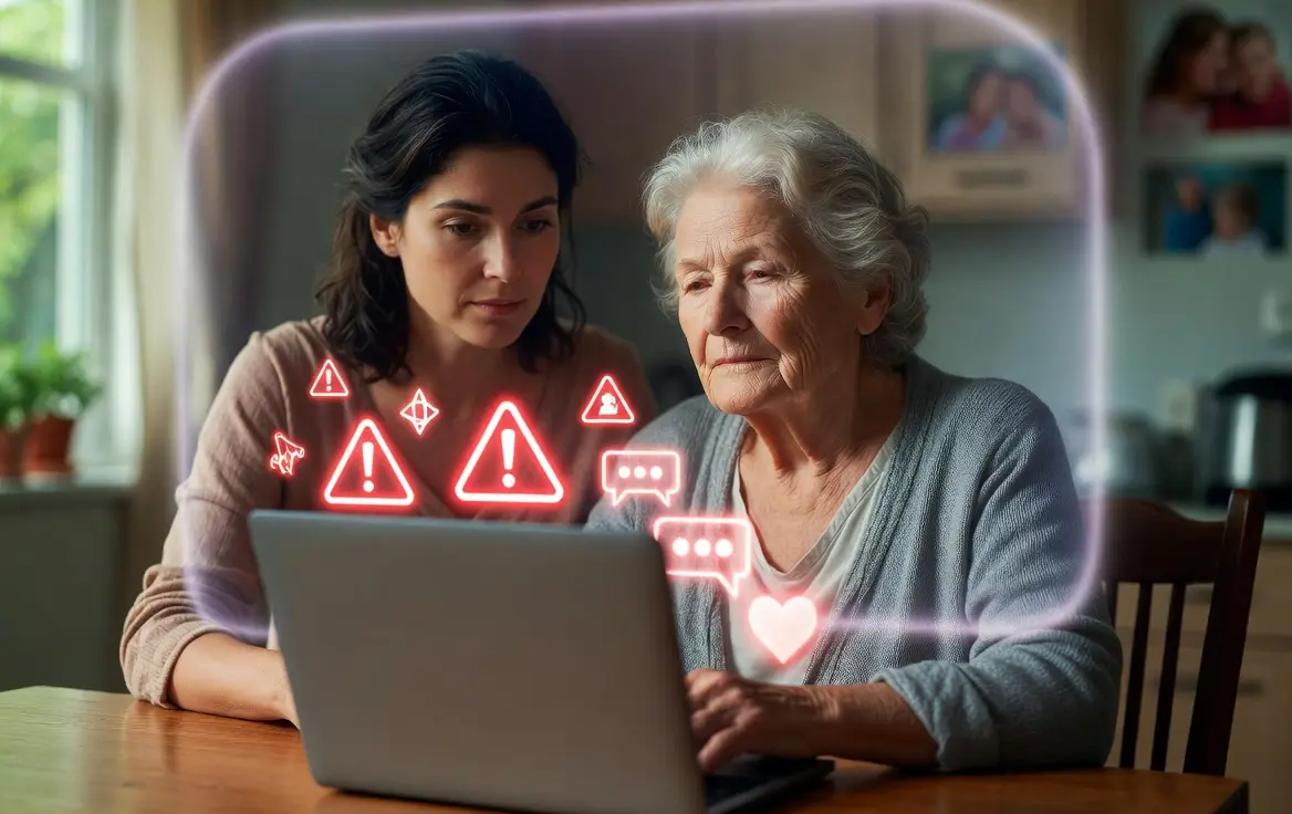 Daughter helping her elderly mother use a computer to avoid online scams and stay safe