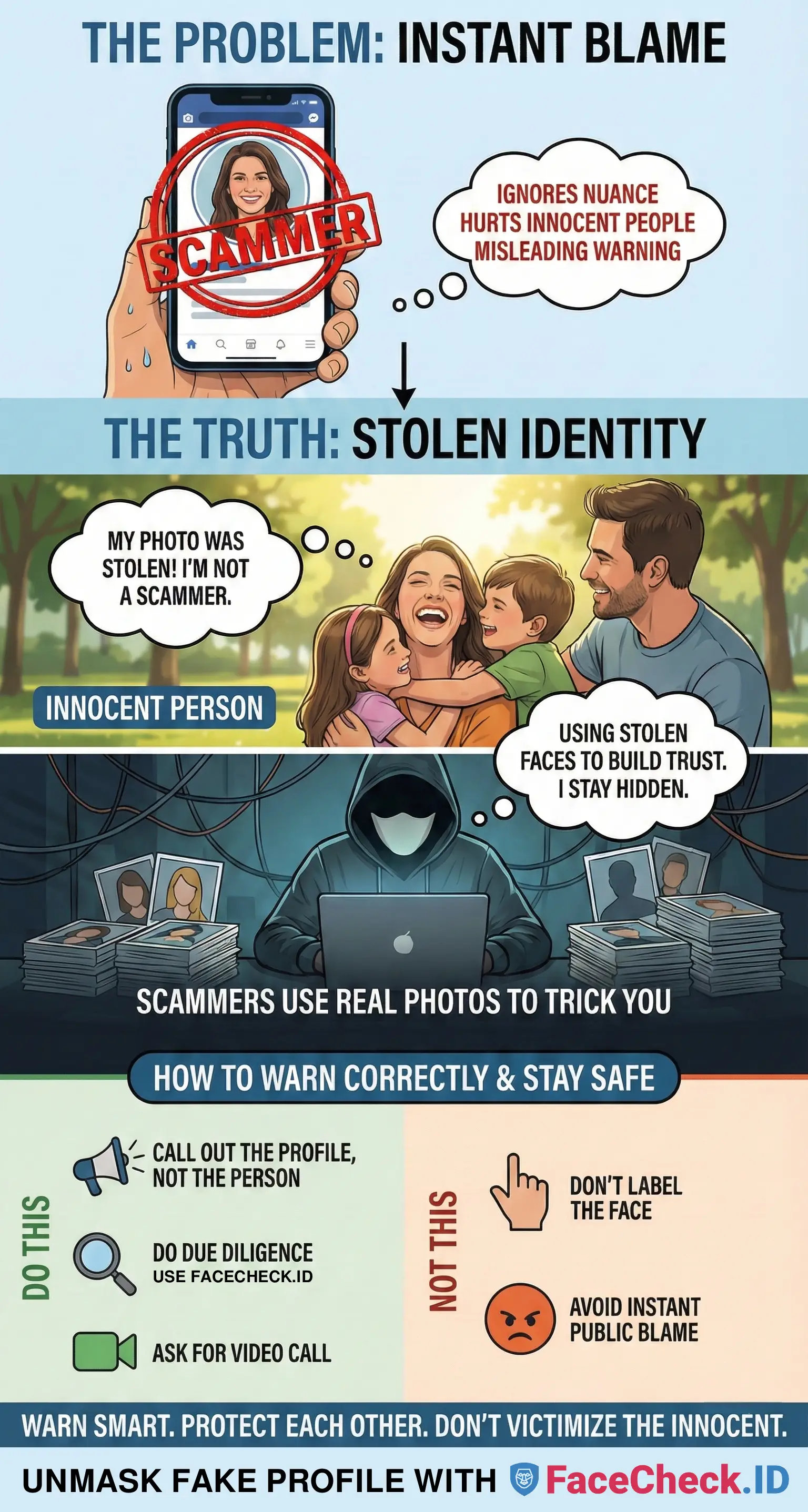 Warning graphic reminding users to report impersonation and avoid accusing the person in the stolen photo