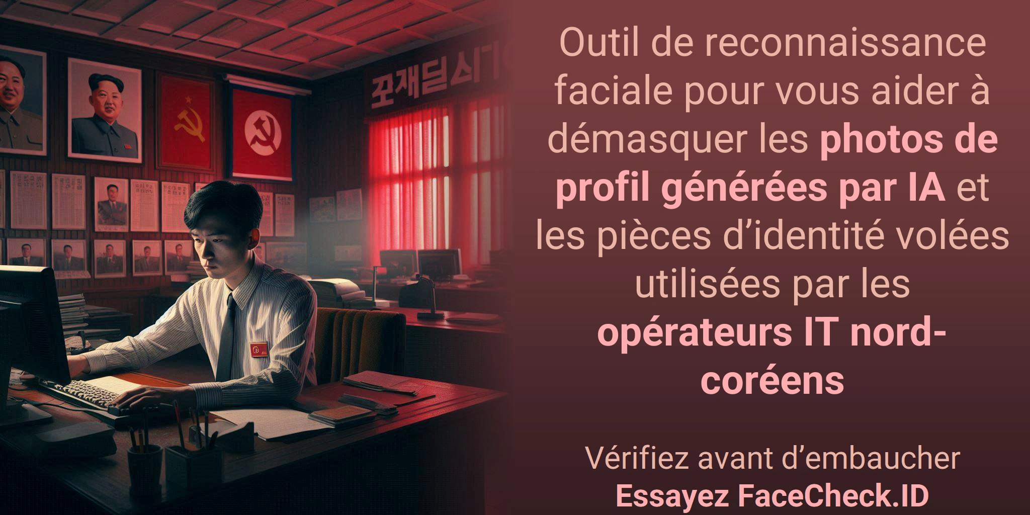 Outil de reconnaissance faciale pour vous aider à démasquer les photos de profil générées par IA et les pièces d’identité volées utilisées par les opérateurs IT nord-coréens - Vérifiez avant d’embaucherEssayez FaceCheck.ID
