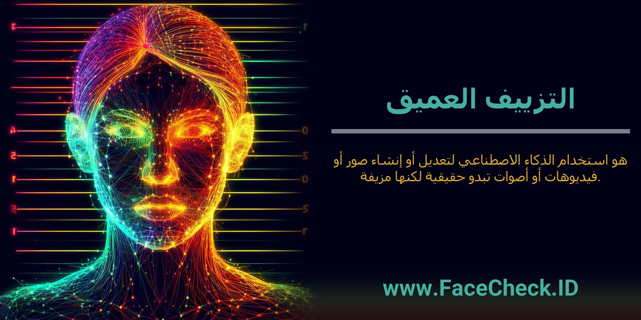 <b>التزييف العميق</b> هو استخدام الذكاء الاصطناعي لتعديل أو إنشاء صور أو فيديوهات أو أصوات تبدو حقيقية لكنها مزيفة.