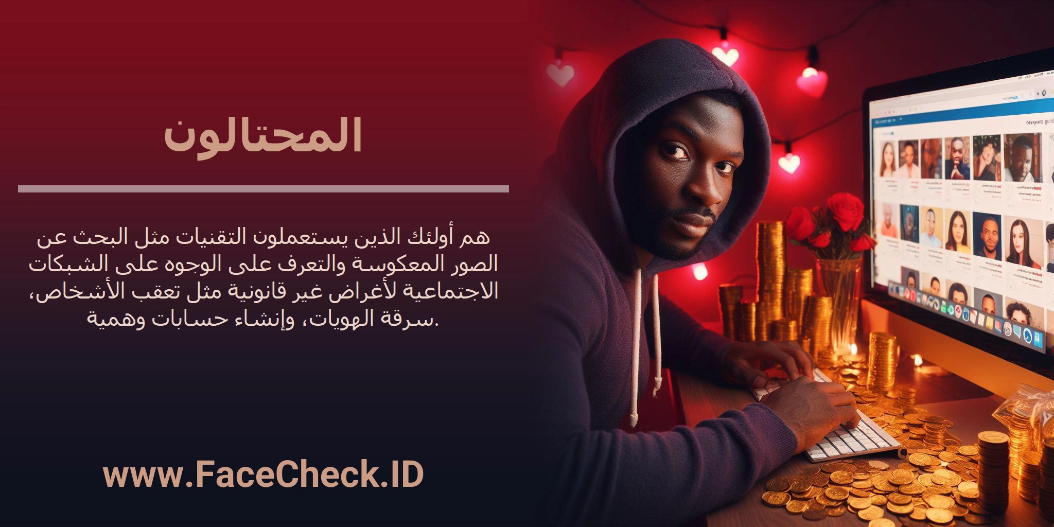 المحتالون هم أولئك الذين يستعملون التقنيات مثل البحث عن الصور المعكوسة والتعرف على الوجوه على الشبكات الاجتماعية لأغراض غير قانونية مثل تعقب الأشخاص، سرقة الهويات، وإنشاء حسابات وهمية.