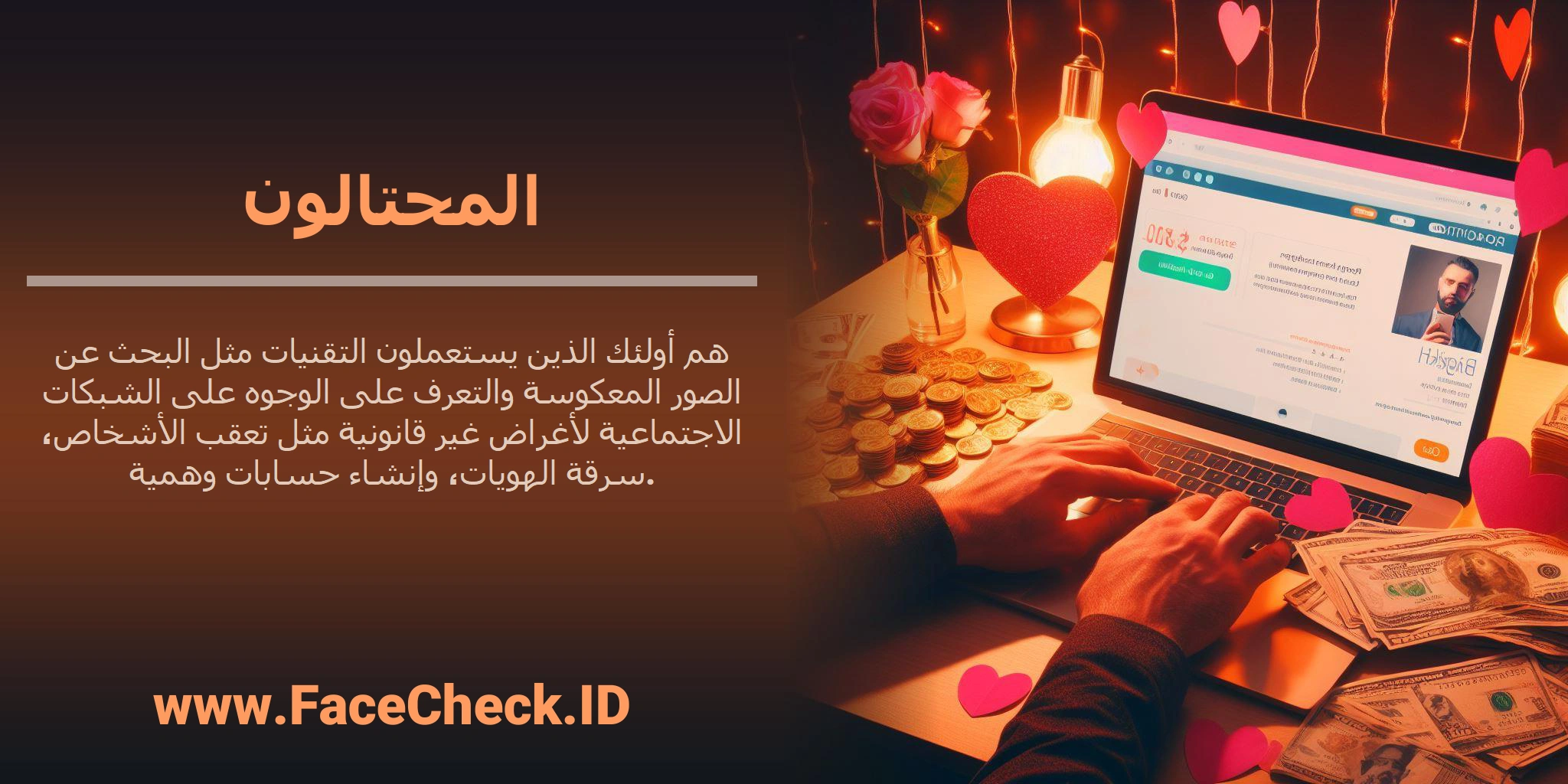 <b>المحتالون</b> هم أولئك الذين يستعملون التقنيات مثل البحث عن الصور المعكوسة والتعرف على الوجوه على الشبكات الاجتماعية لأغراض غير قانونية مثل تعقب الأشخاص، سرقة الهويات، وإنشاء حسابات وهمية.