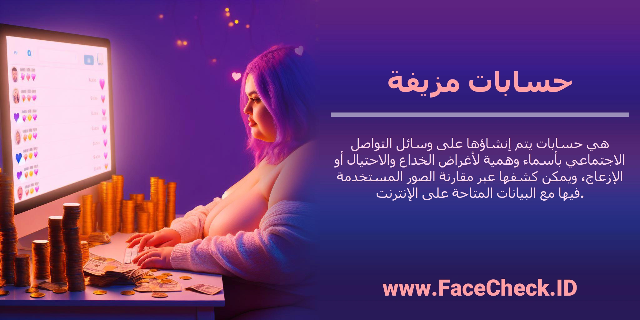 <b>حسابات مزيفة</b> هي حسابات يتم إنشاؤها على وسائل التواصل الاجتماعي بأسماء وهمية لأغراض الخداع والاحتيال أو الإزعاج، ويمكن كشفها عبر مقارنة الصور المستخدمة فيها مع البيانات المتاحة على الإنترنت.