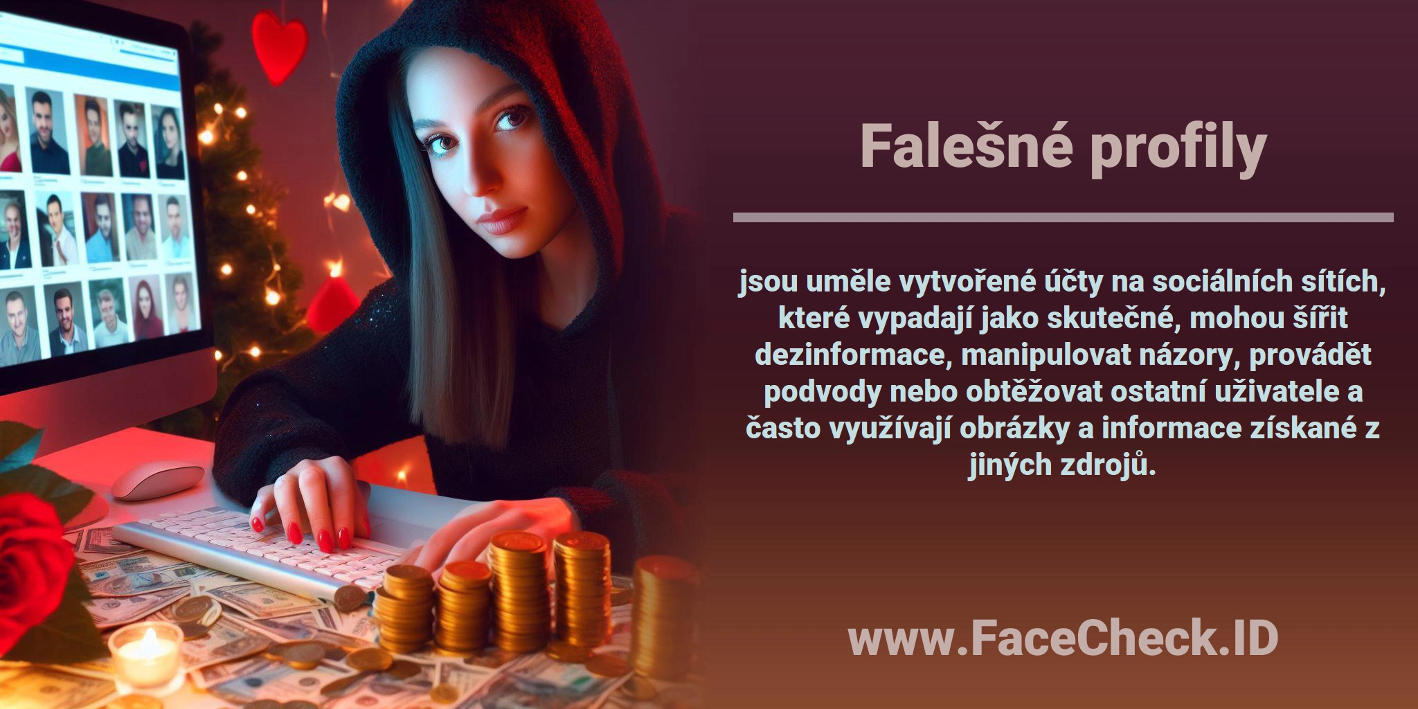 <b>Falešné profily</b> jsou uměle vytvořené účty na sociálních sítích, které vypadají jako skutečné, mohou šířit dezinformace, manipulovat názory, provádět podvody nebo obtěžovat ostatní uživatele a často využívají obrázky a informace získané z jiných zdrojů.