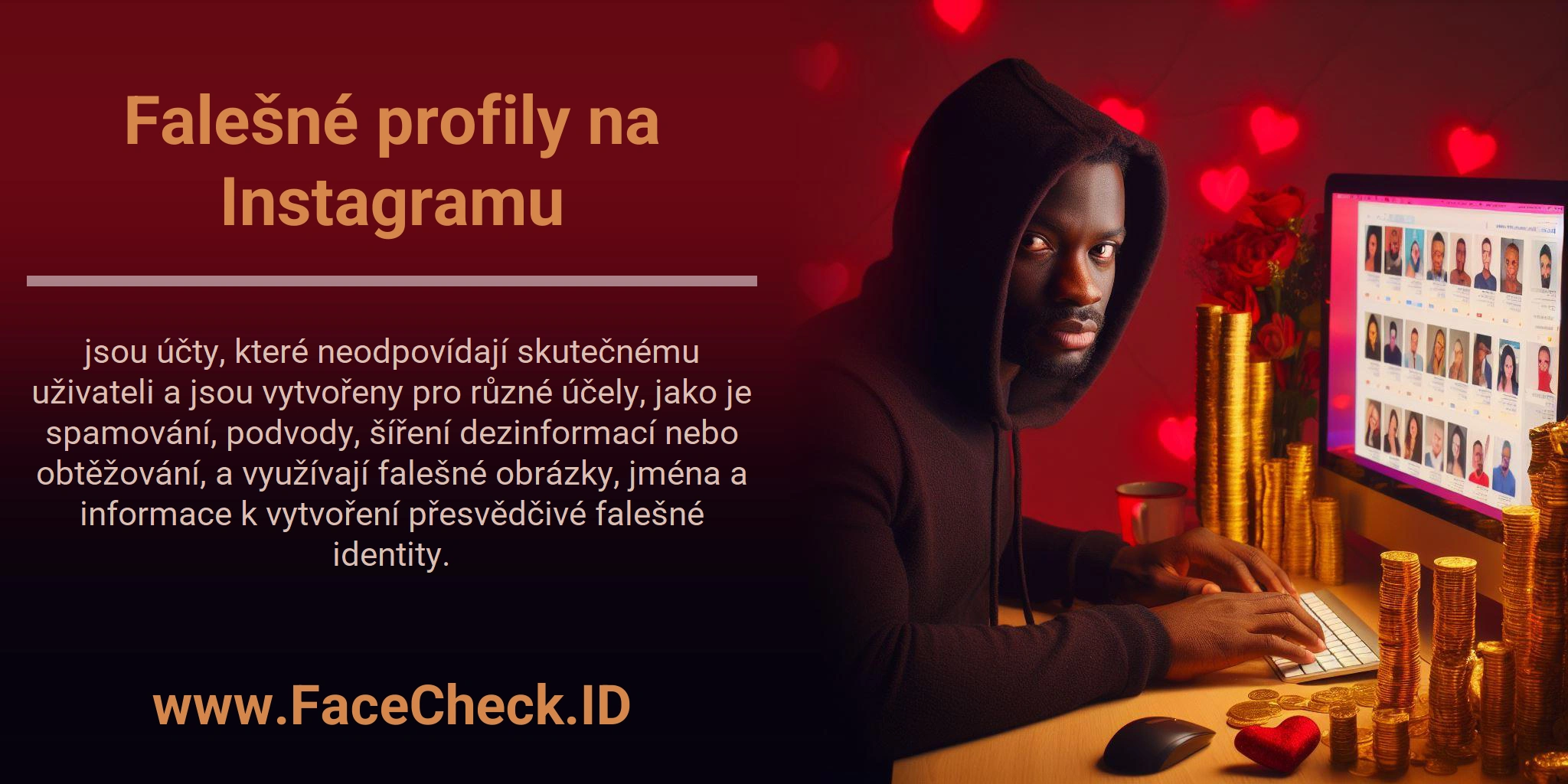 Falešné profily na Instagramu jsou účty, které neodpovídají skutečnému uživateli a jsou vytvořeny pro různé účely, jako je spamování, podvody, šíření dezinformací nebo obtěžování, a využívají falešné obrázky, jména a informace k vytvoření přesvědčivé falešné identity.