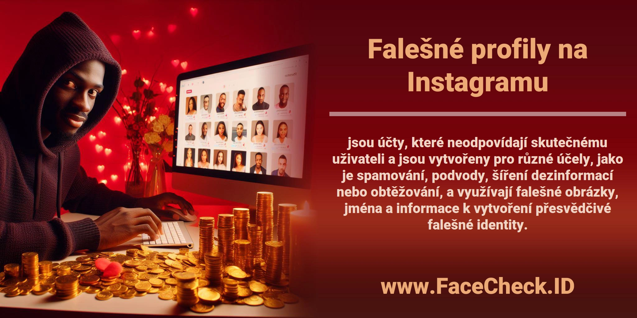 <b>Falešné profily na Instagramu</b> jsou účty, které neodpovídají skutečnému uživateli a jsou vytvořeny pro různé účely, jako je spamování, podvody, šíření dezinformací nebo obtěžování, a využívají falešné obrázky, jména a informace k vytvoření přesvědčivé falešné identity.