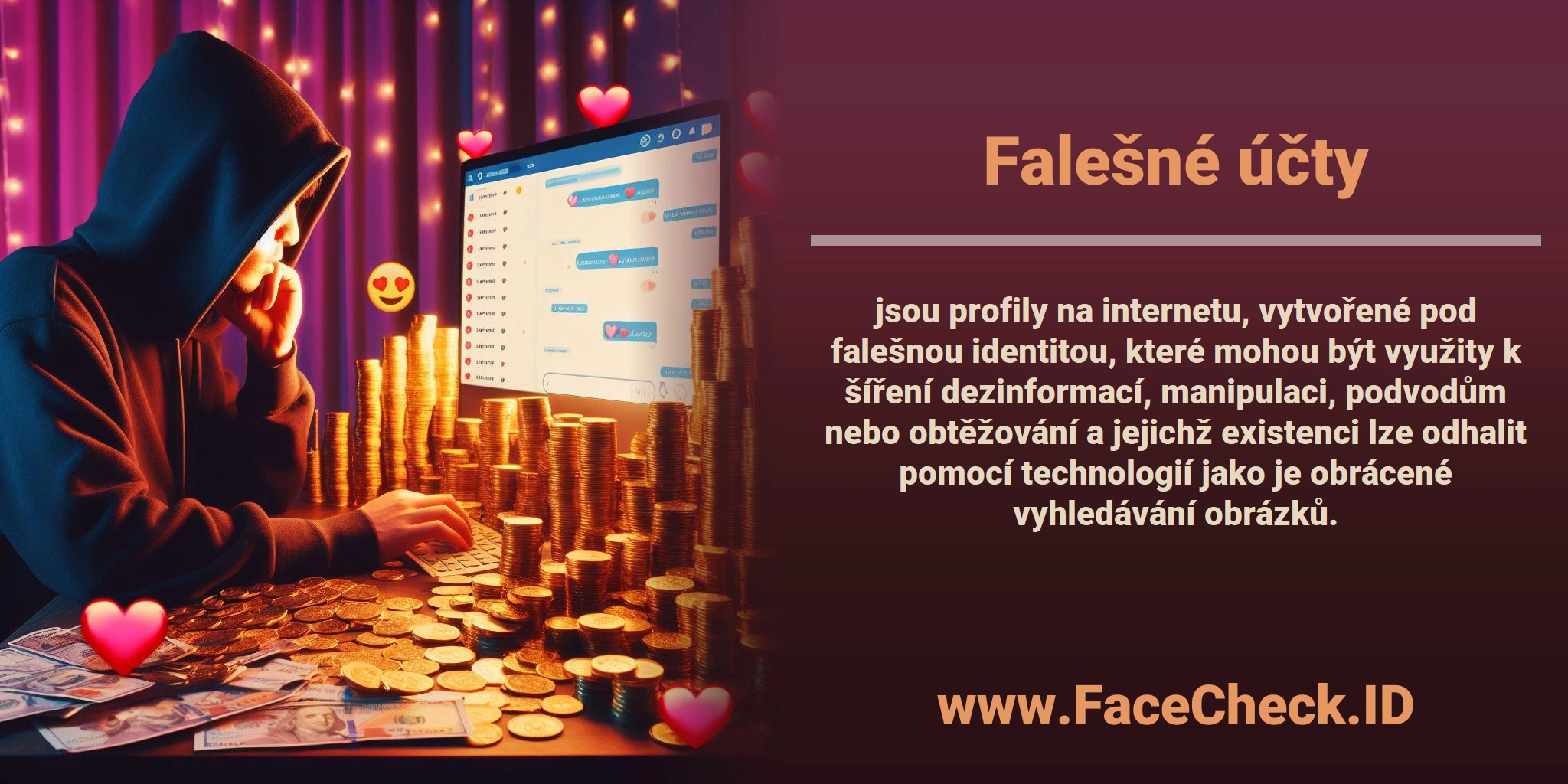 <b>Falešné účty</b> jsou profily na internetu, vytvořené pod falešnou identitou, které mohou být využity k šíření dezinformací, manipulaci, podvodům nebo obtěžování a jejichž existenci lze odhalit pomocí technologií jako je obrácené vyhledávání obrázků.
