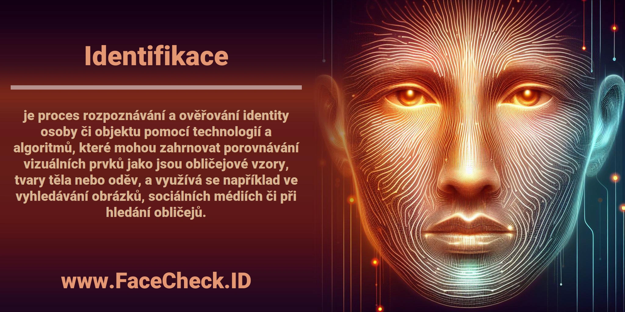 <b>Identifikace</b> je proces rozpoznávání a ověřování identity osoby či objektu pomocí technologií a algoritmů, které mohou zahrnovat porovnávání vizuálních prvků jako jsou obličejové vzory, tvary těla nebo oděv, a využívá se například ve vyhledávání obrázků, sociálních médiích či při hledání obličejů.