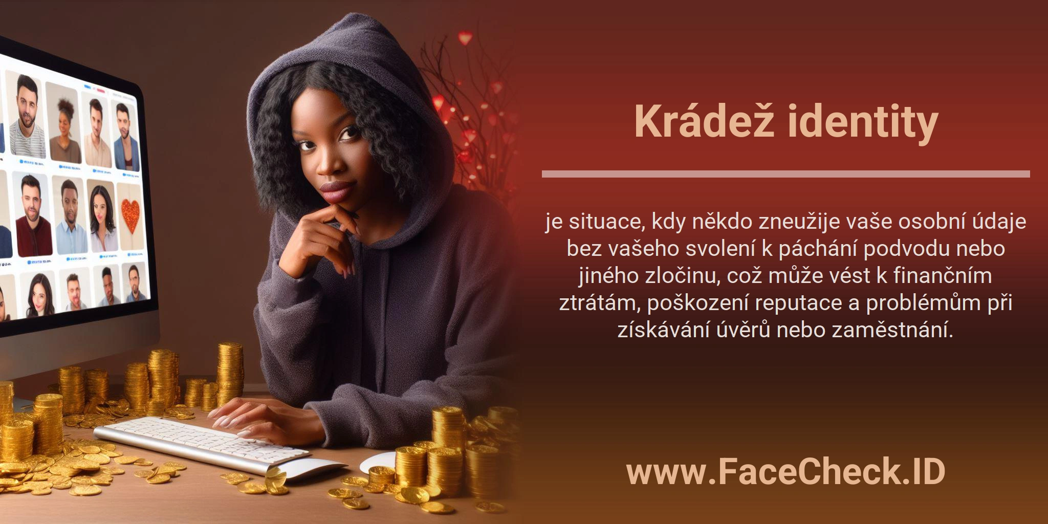 Krádež identity je situace, kdy někdo zneužije vaše osobní údaje bez vašeho svolení k páchání podvodu nebo jiného zločinu, což může vést k finančním ztrátám, poškození reputace a problémům při získávání úvěrů nebo zaměstnání.