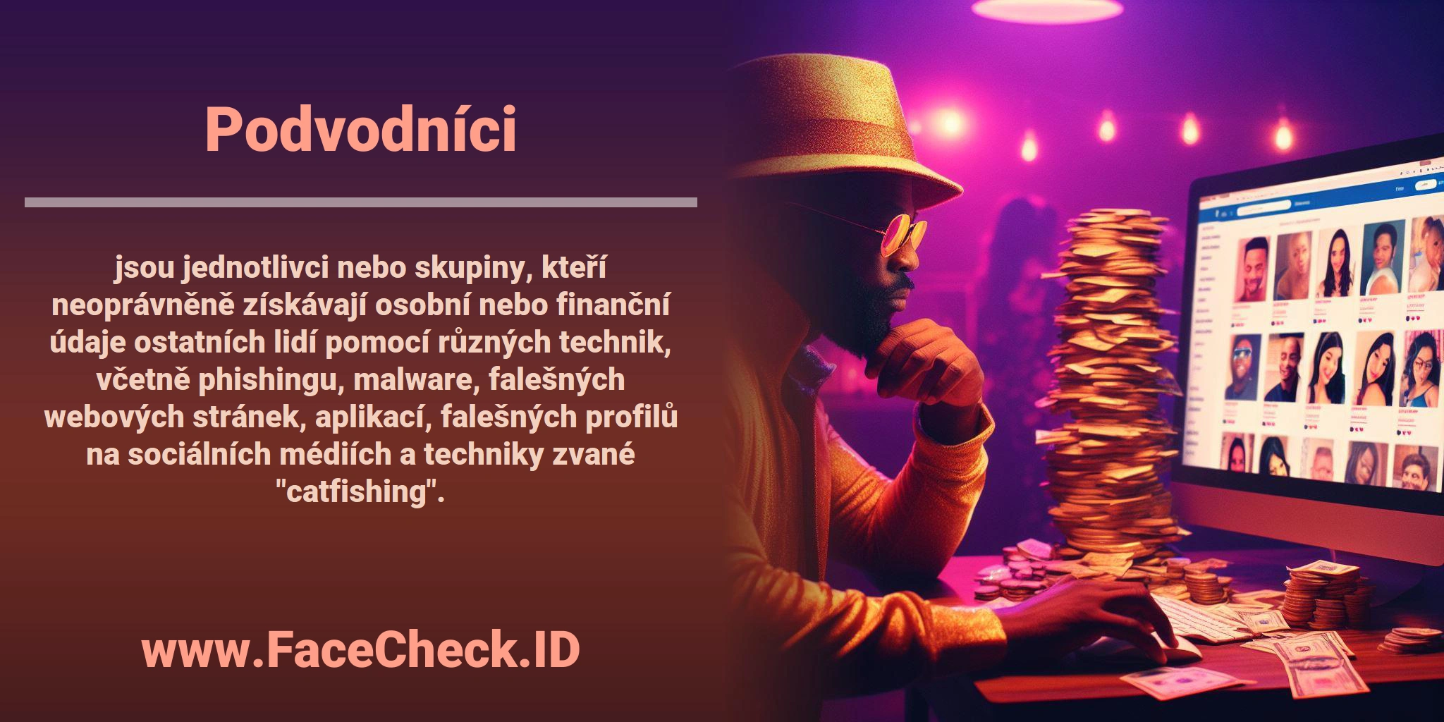 <b>Podvodníci</b> jsou jednotlivci nebo skupiny, kteří neoprávněně získávají osobní nebo finanční údaje ostatních lidí pomocí různých technik, včetně phishingu, malware, falešných webových stránek, aplikací, falešných profilů na sociálních médiích a techniky zvané 