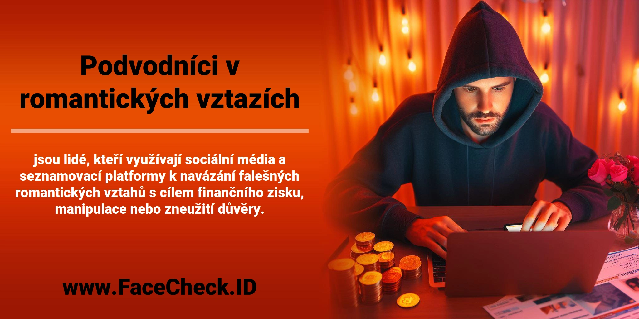 <b>Podvodníci v romantických vztazích</b> jsou lidé, kteří využívají sociální média a seznamovací platformy k navázání falešných romantických vztahů s cílem finančního zisku, manipulace nebo zneužití důvěry.