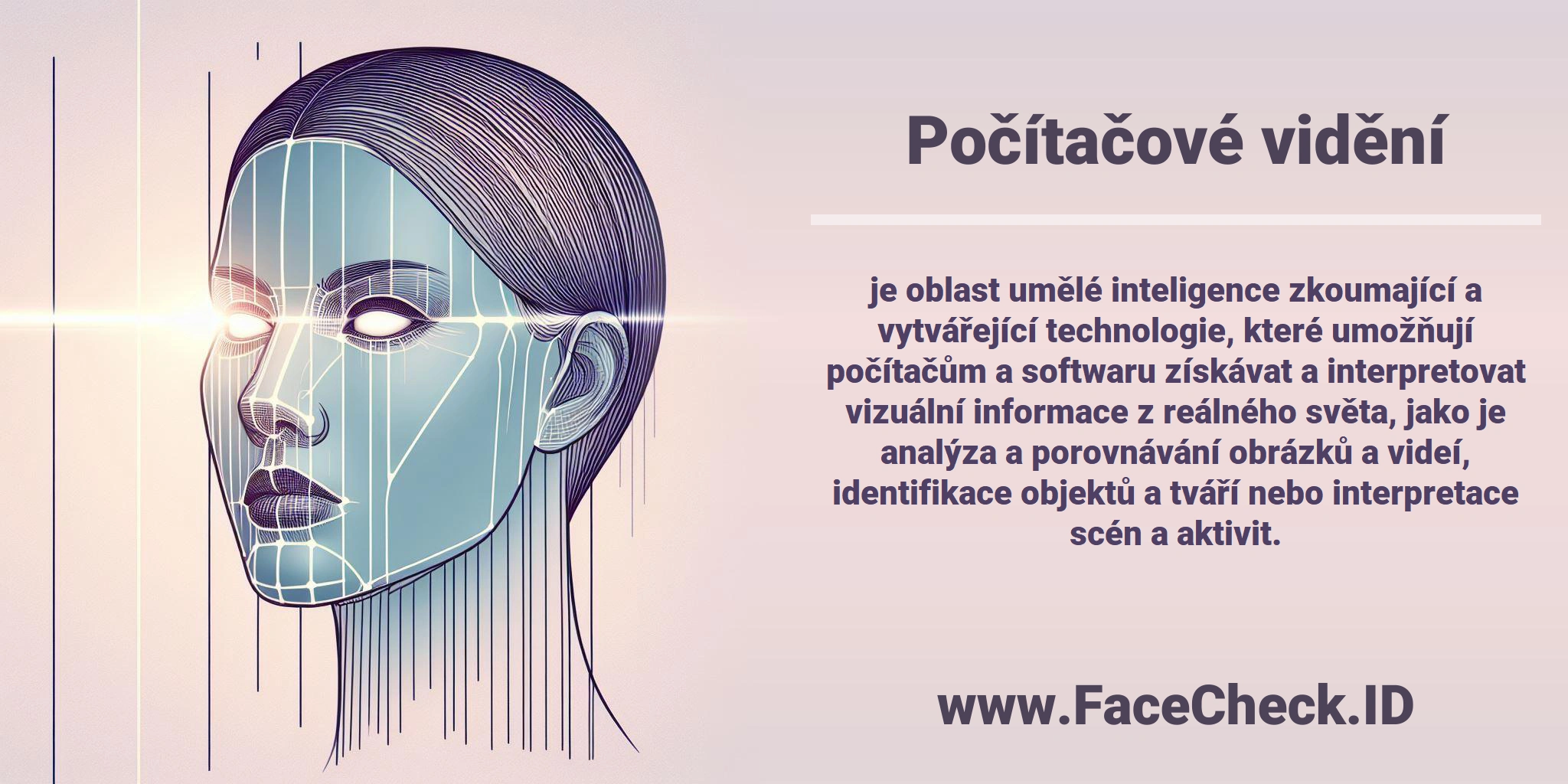 <b>Počítačové vidění</b> je oblast umělé inteligence zkoumající a vytvářející technologie, které umožňují počítačům a softwaru získávat a interpretovat vizuální informace z reálného světa, jako je analýza a porovnávání obrázků a videí, identifikace objektů a tváří nebo interpretace scén a aktivit.