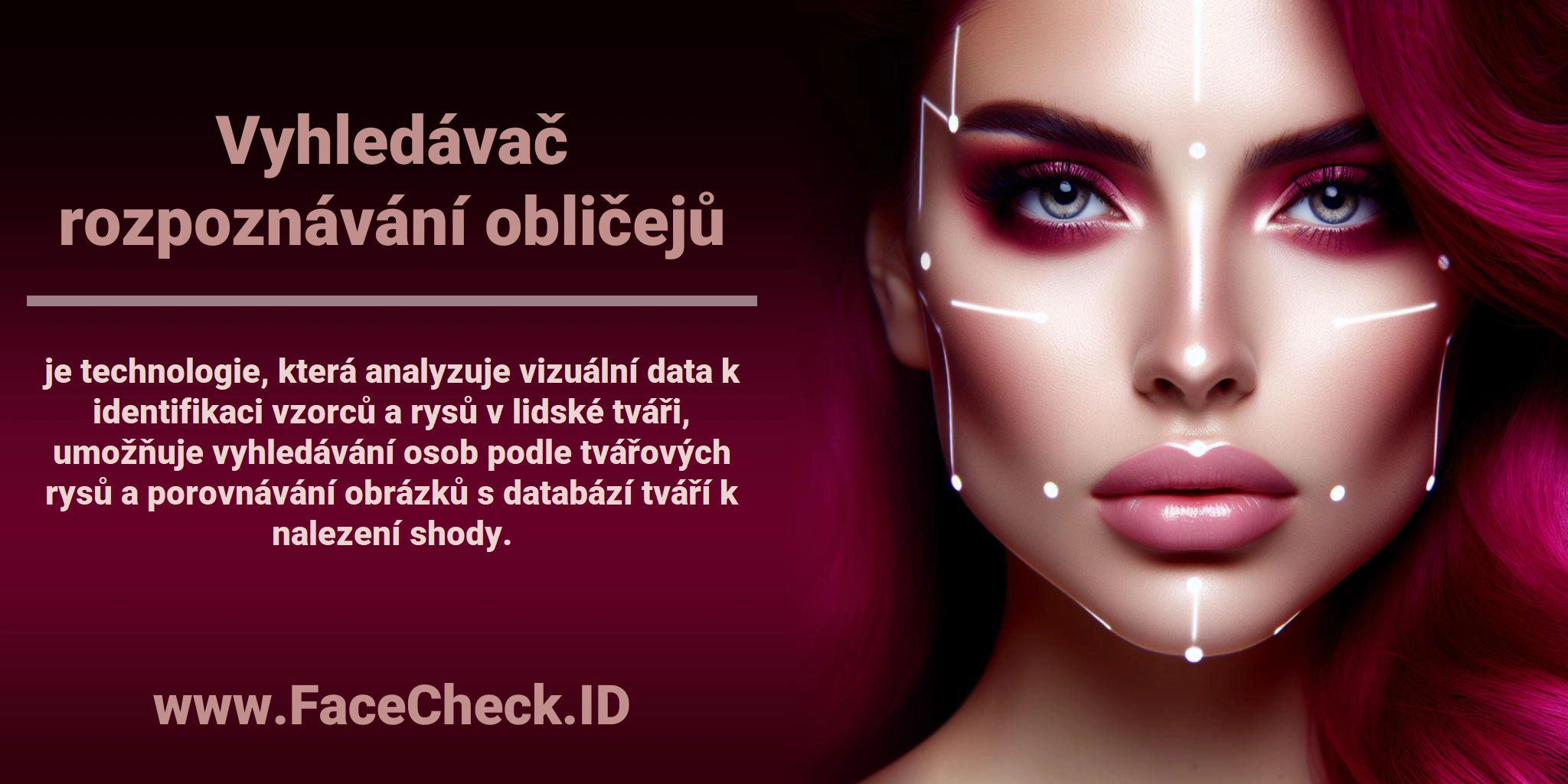 <b>Vyhledávač rozpoznávání obličejů</b> je technologie, která analyzuje vizuální data k identifikaci vzorců a rysů v lidské tváři, umožňuje vyhledávání osob podle tvářových rysů a porovnávání obrázků s databází tváří k nalezení shody.