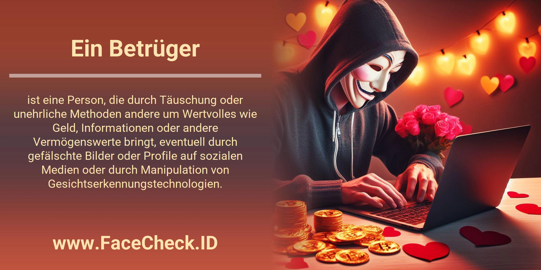 Ein Betrüger ist eine Person, die durch Täuschung oder unehrliche Methoden andere um Wertvolles wie Geld, Informationen oder andere Vermögenswerte bringt, eventuell durch gefälschte Bilder oder Profile auf sozialen Medien oder durch Manipulation von Gesichtserkennungstechnologien.