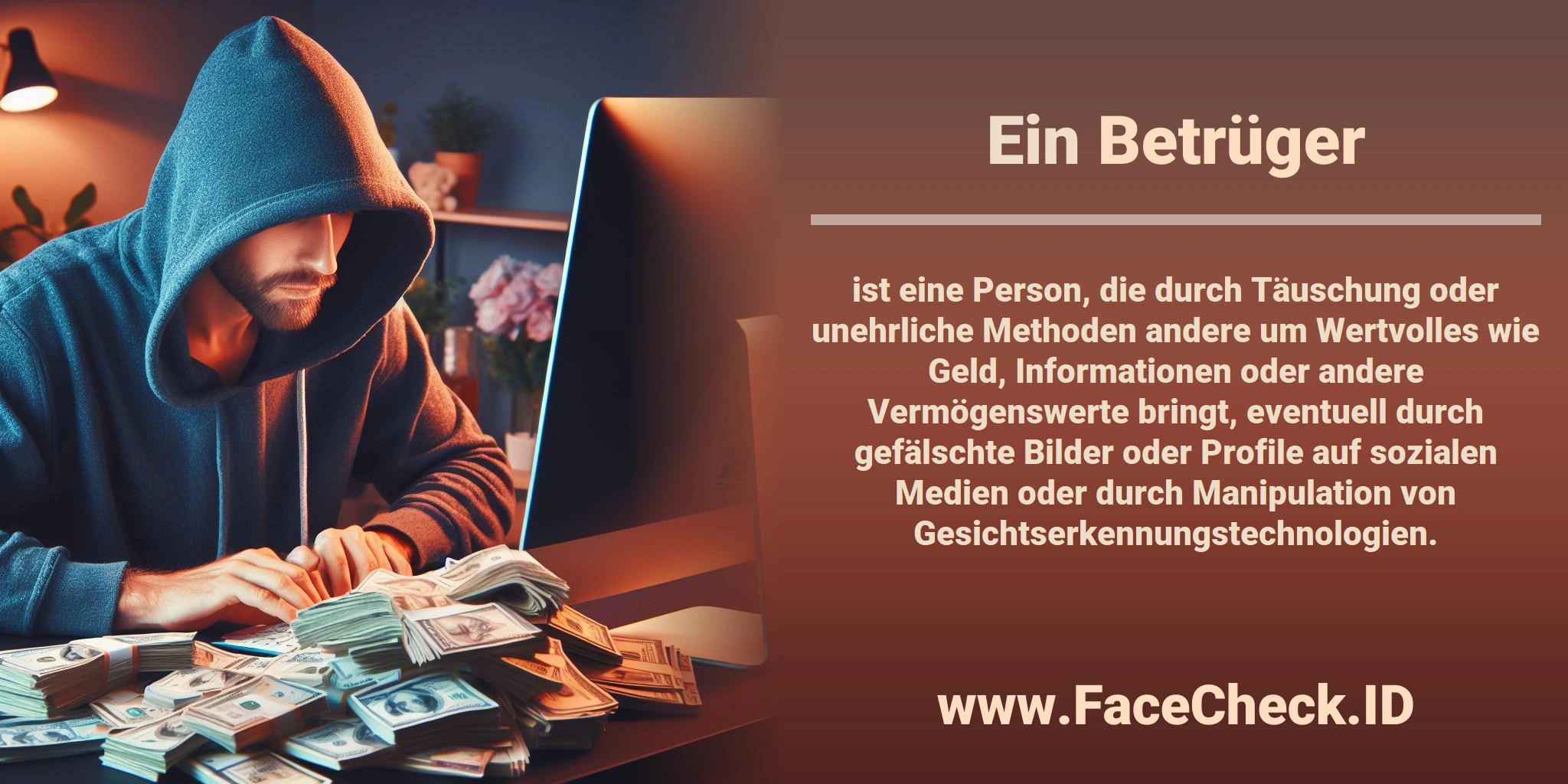 Ein <b>Betrüger</b> ist eine Person, die durch Täuschung oder unehrliche Methoden andere um Wertvolles wie Geld, Informationen oder andere Vermögenswerte bringt, eventuell durch gefälschte Bilder oder Profile auf sozialen Medien oder durch Manipulation von Gesichtserkennungstechnologien.