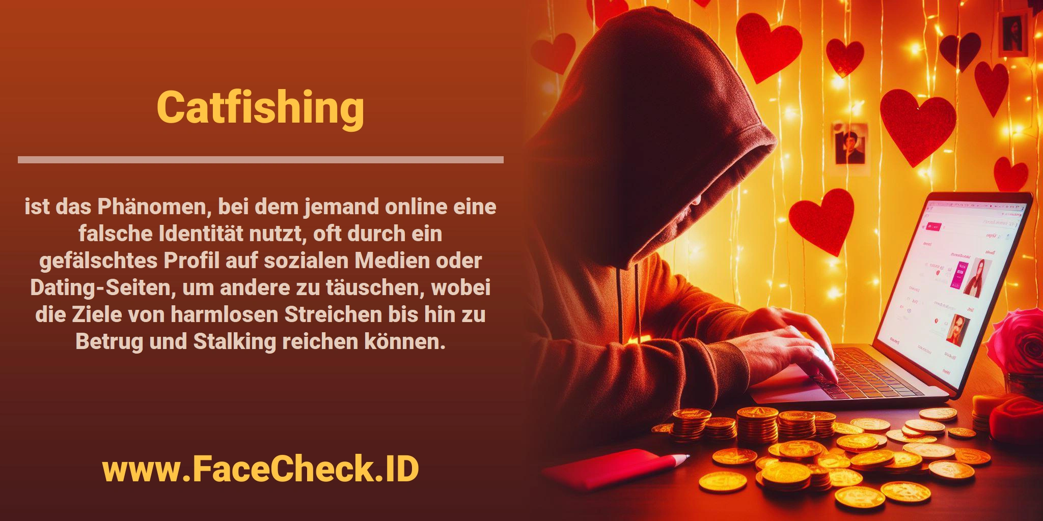 <b>Catfishing</b> ist das Phänomen, bei dem jemand online eine falsche Identität nutzt, oft durch ein gefälschtes Profil auf sozialen Medien oder Dating-Seiten, um andere zu täuschen, wobei die Ziele von harmlosen Streichen bis hin zu Betrug und Stalking reichen können.