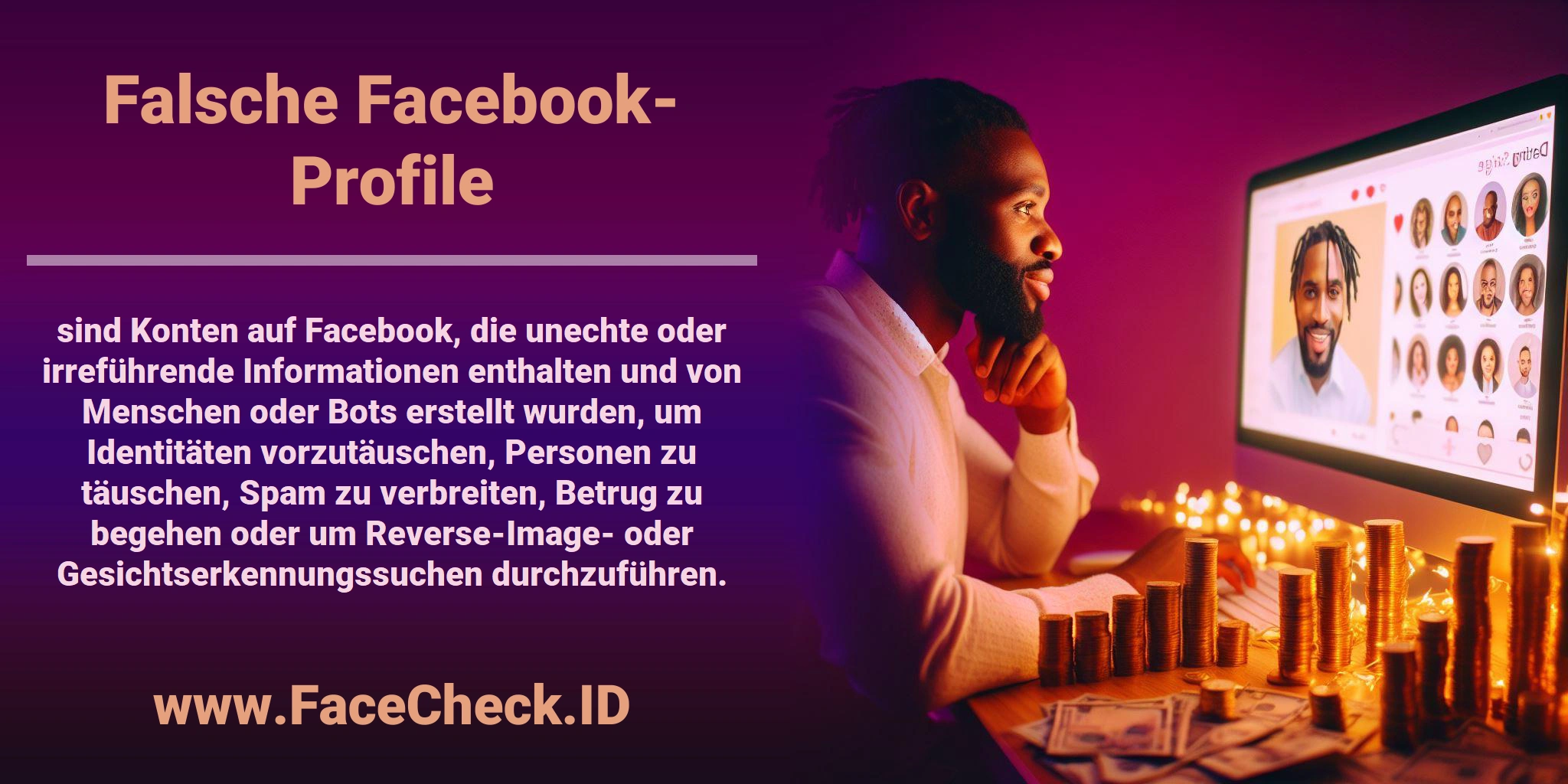 <b>Falsche Facebook-Profile</b> sind Konten auf Facebook, die unechte oder irreführende Informationen enthalten und von Menschen oder Bots erstellt wurden, um Identitäten vorzutäuschen, Personen zu täuschen, Spam zu verbreiten, Betrug zu begehen oder um Reverse-Image- oder Gesichtserkennungssuchen durchzuführen.