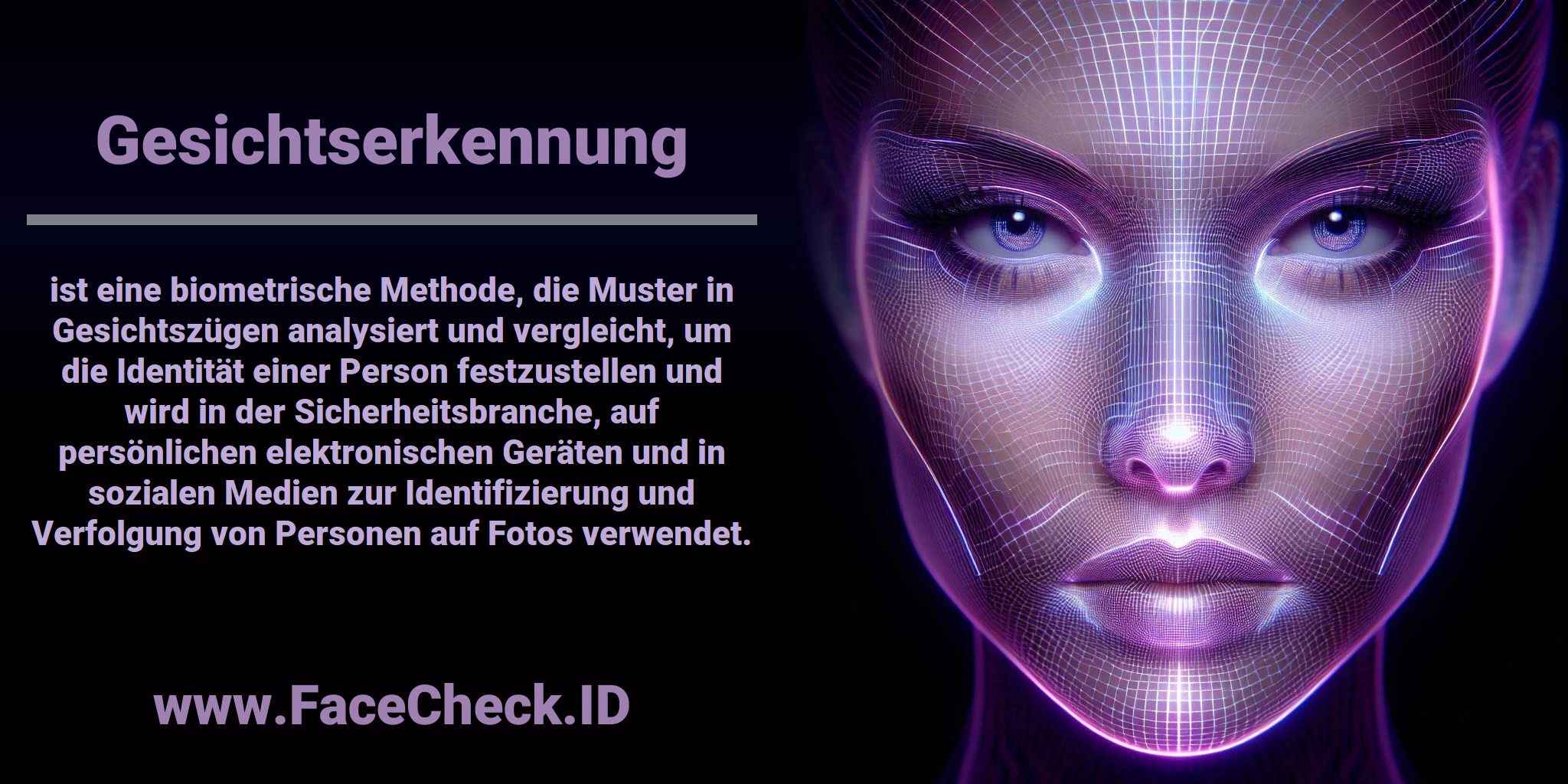 <b>Gesichtserkennung</b> ist eine biometrische Methode, die Muster in Gesichtszügen analysiert und vergleicht, um die Identität einer Person festzustellen und wird in der Sicherheitsbranche, auf persönlichen elektronischen Geräten und in sozialen Medien zur Identifizierung und Verfolgung von Personen auf Fotos verwendet.