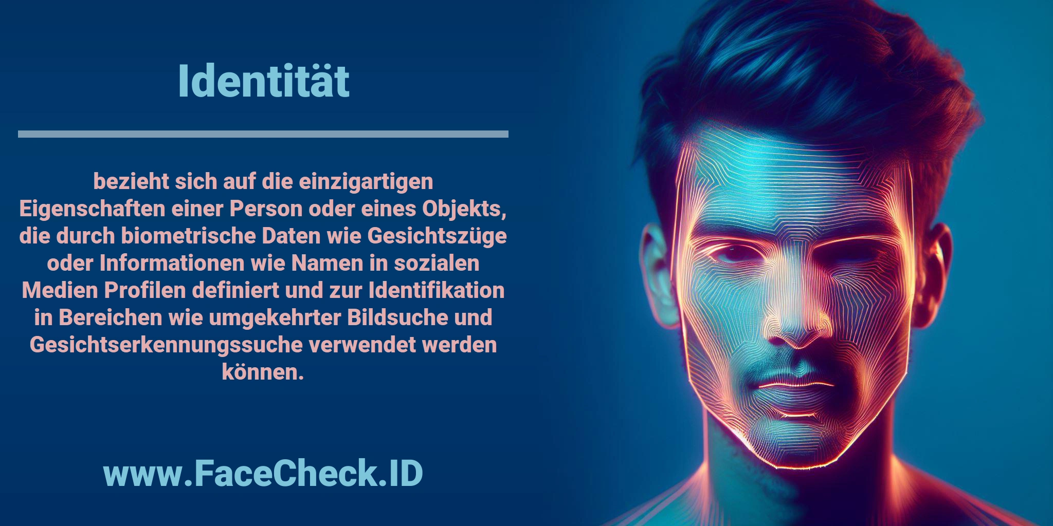 <b>Identität</b> bezieht sich auf die einzigartigen Eigenschaften einer Person oder eines Objekts, die durch biometrische Daten wie Gesichtszüge oder Informationen wie Namen in sozialen Medien Profilen definiert und zur Identifikation in Bereichen wie umgekehrter Bildsuche und Gesichtserkennungssuche verwendet werden können.