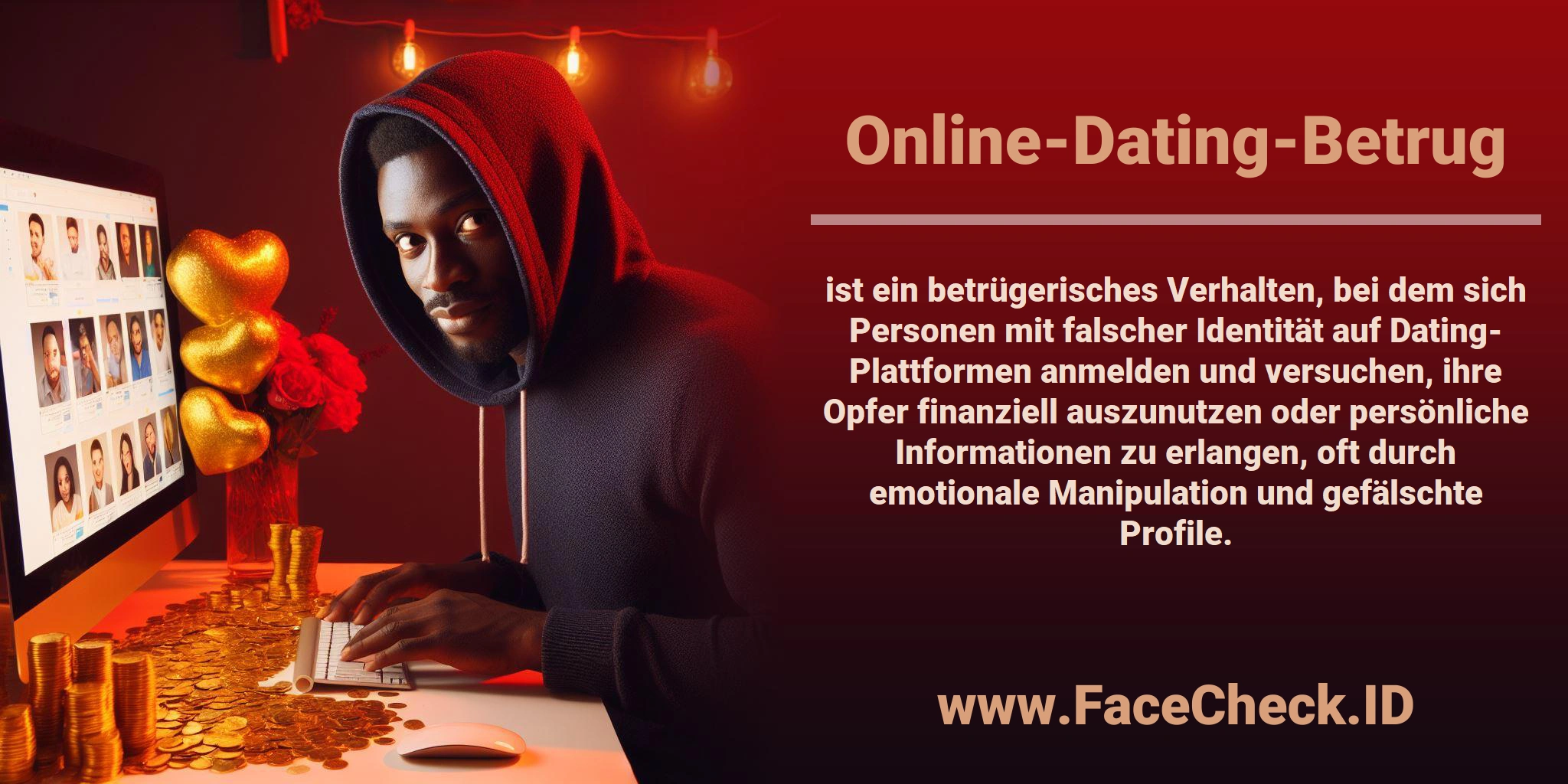 <b>Online-Dating-Betrug</b> ist ein betrügerisches Verhalten, bei dem sich Personen mit falscher Identität auf Dating-Plattformen anmelden und versuchen, ihre Opfer finanziell auszunutzen oder persönliche Informationen zu erlangen, oft durch emotionale Manipulation und gefälschte Profile.
