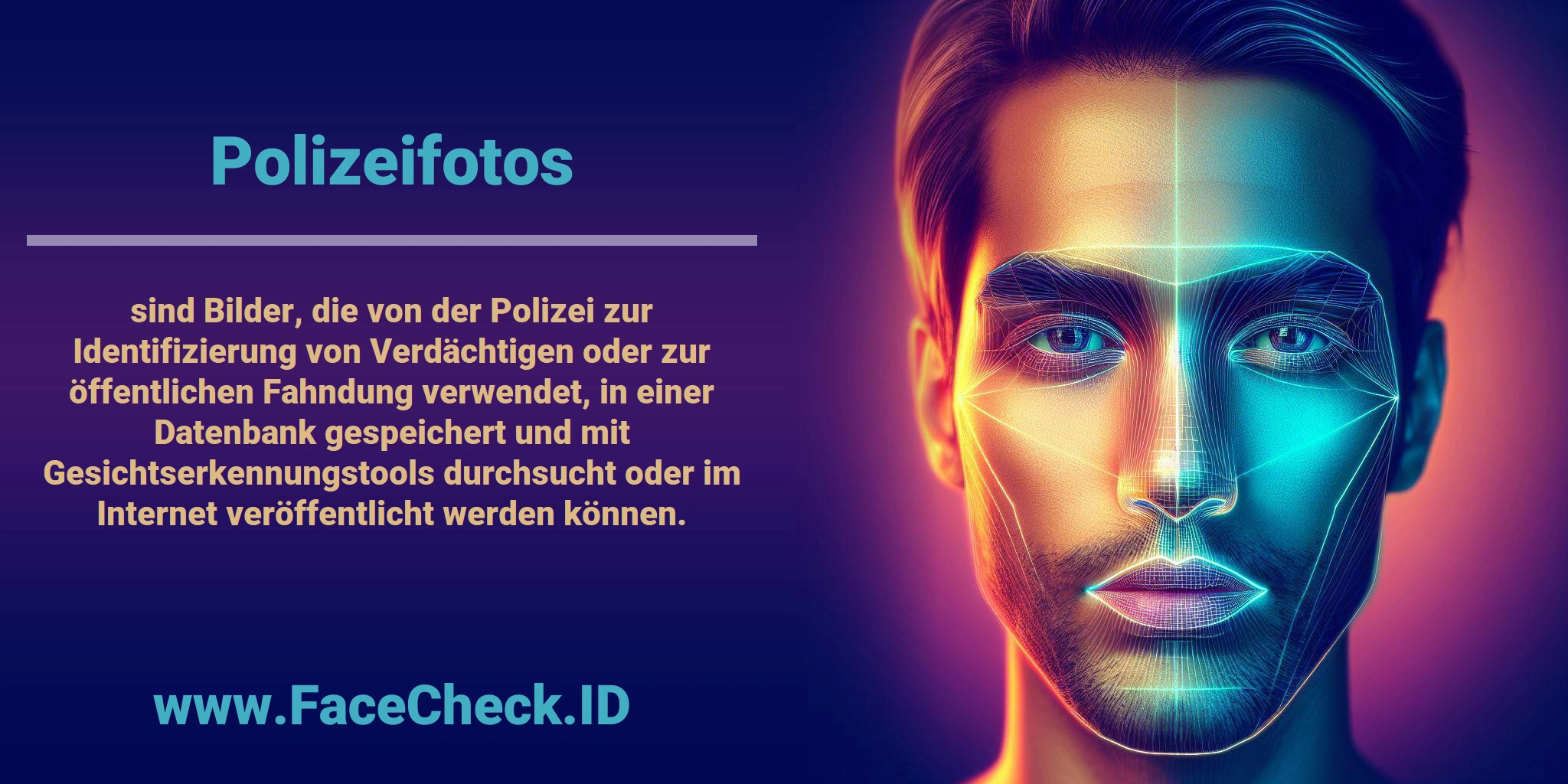 <b>Polizeifotos</b> sind Bilder, die von der Polizei zur Identifizierung von Verdächtigen oder zur öffentlichen Fahndung verwendet, in einer Datenbank gespeichert und mit Gesichtserkennungstools durchsucht oder im Internet veröffentlicht werden können.