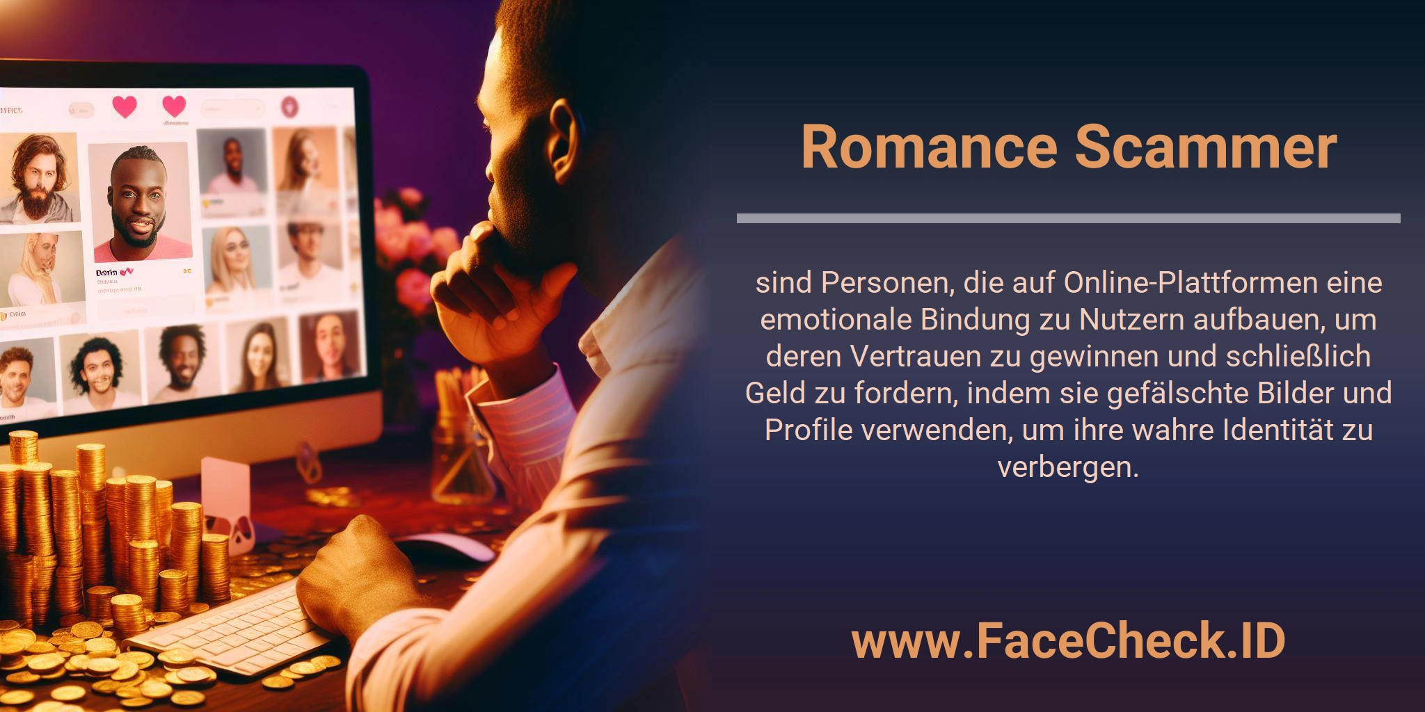 Romance Scammer sind Personen, die auf Online-Plattformen eine emotionale Bindung zu Nutzern aufbauen, um deren Vertrauen zu gewinnen und schließlich Geld zu fordern, indem sie gefälschte Bilder und Profile verwenden, um ihre wahre Identität zu verbergen.