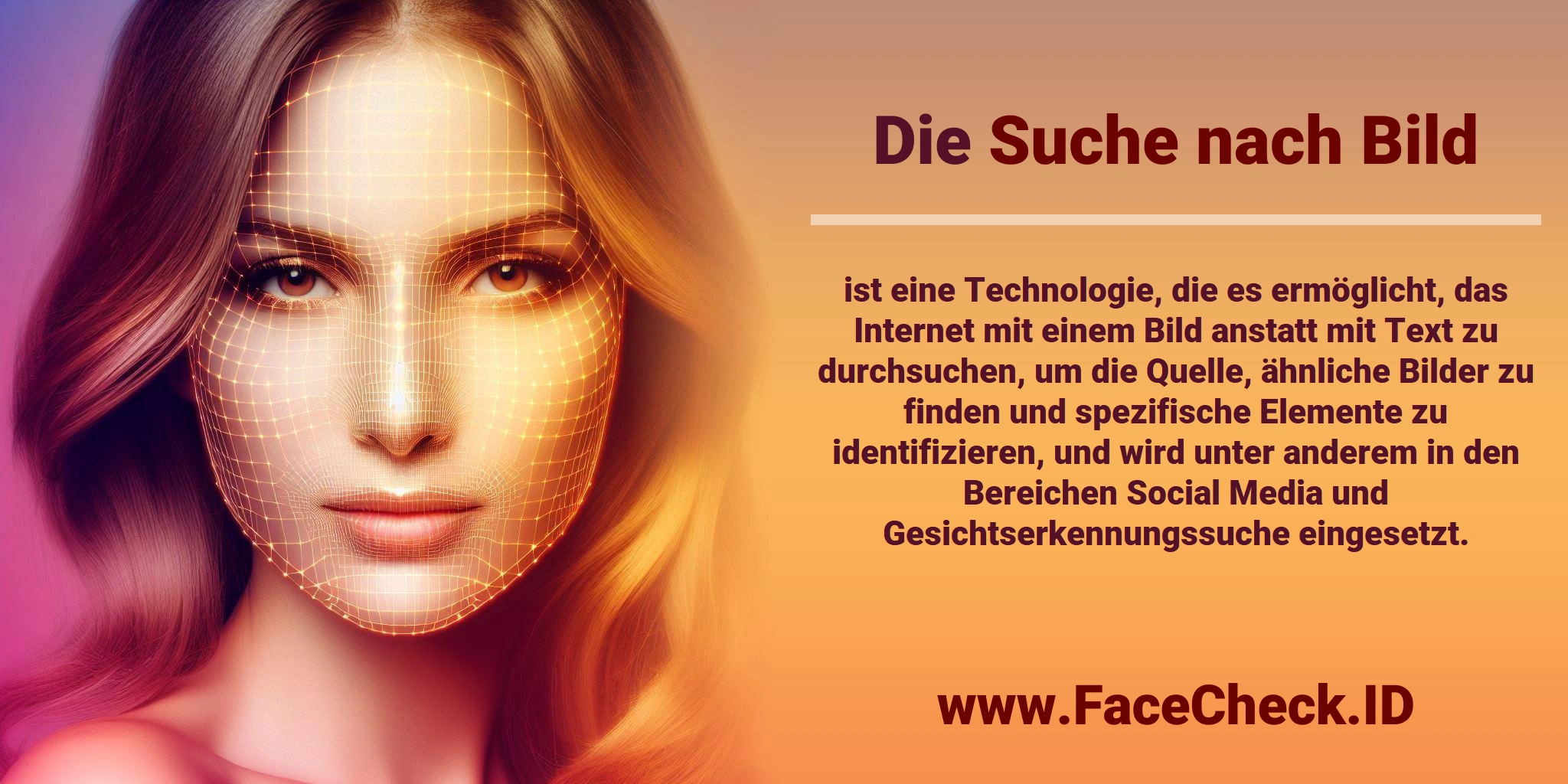 Die <b>Suche nach Bild</b> ist eine Technologie, die es ermöglicht, das Internet mit einem Bild anstatt mit Text zu durchsuchen, um die Quelle, ähnliche Bilder zu finden und spezifische Elemente zu identifizieren, und wird unter anderem in den Bereichen Social Media und Gesichtserkennungssuche eingesetzt.