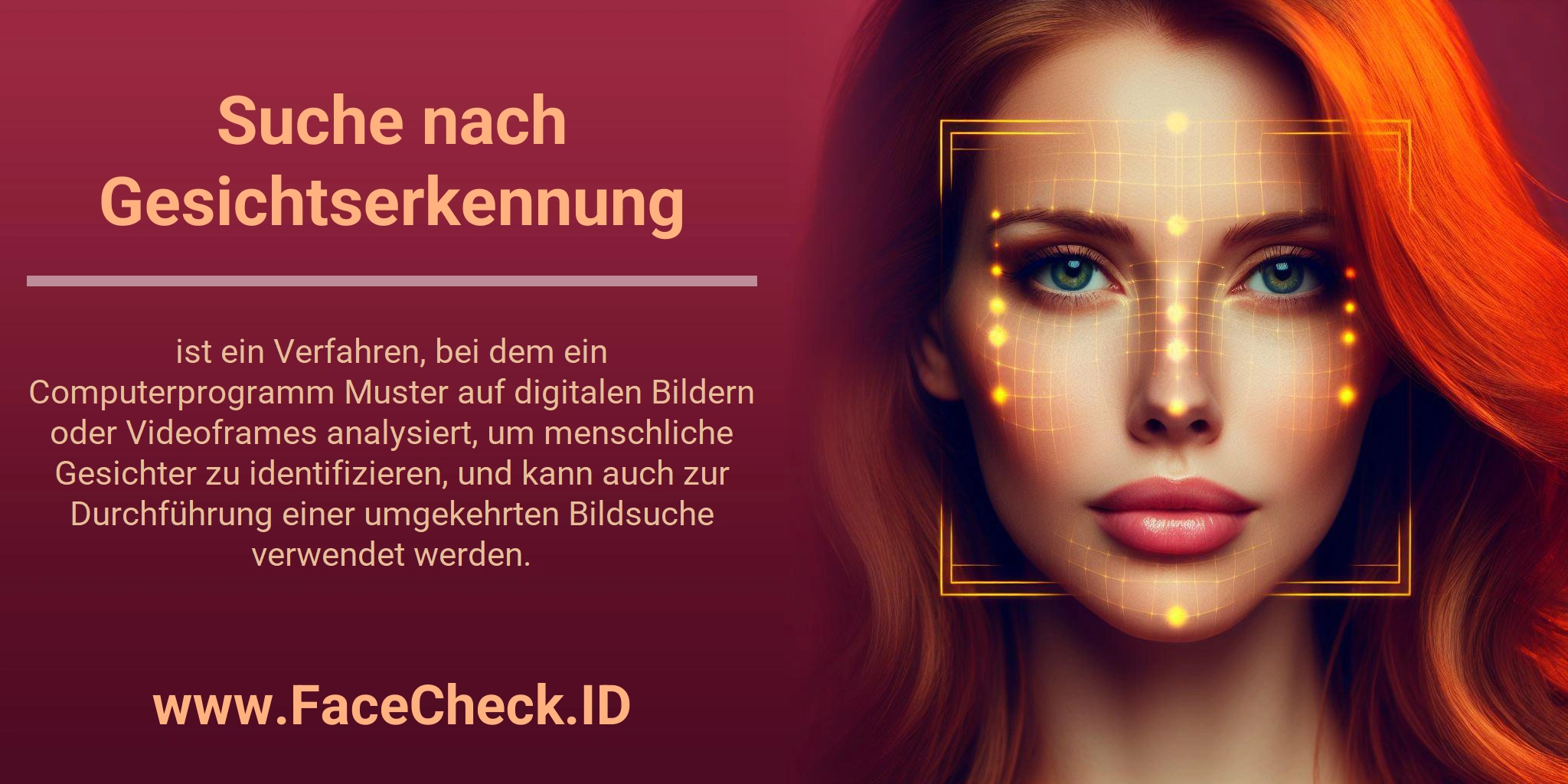Suche nach Gesichtserkennung ist ein Verfahren, bei dem ein Computerprogramm Muster auf digitalen Bildern oder Videoframes analysiert, um menschliche Gesichter zu identifizieren, und kann auch zur Durchführung einer umgekehrten Bildsuche verwendet werden.