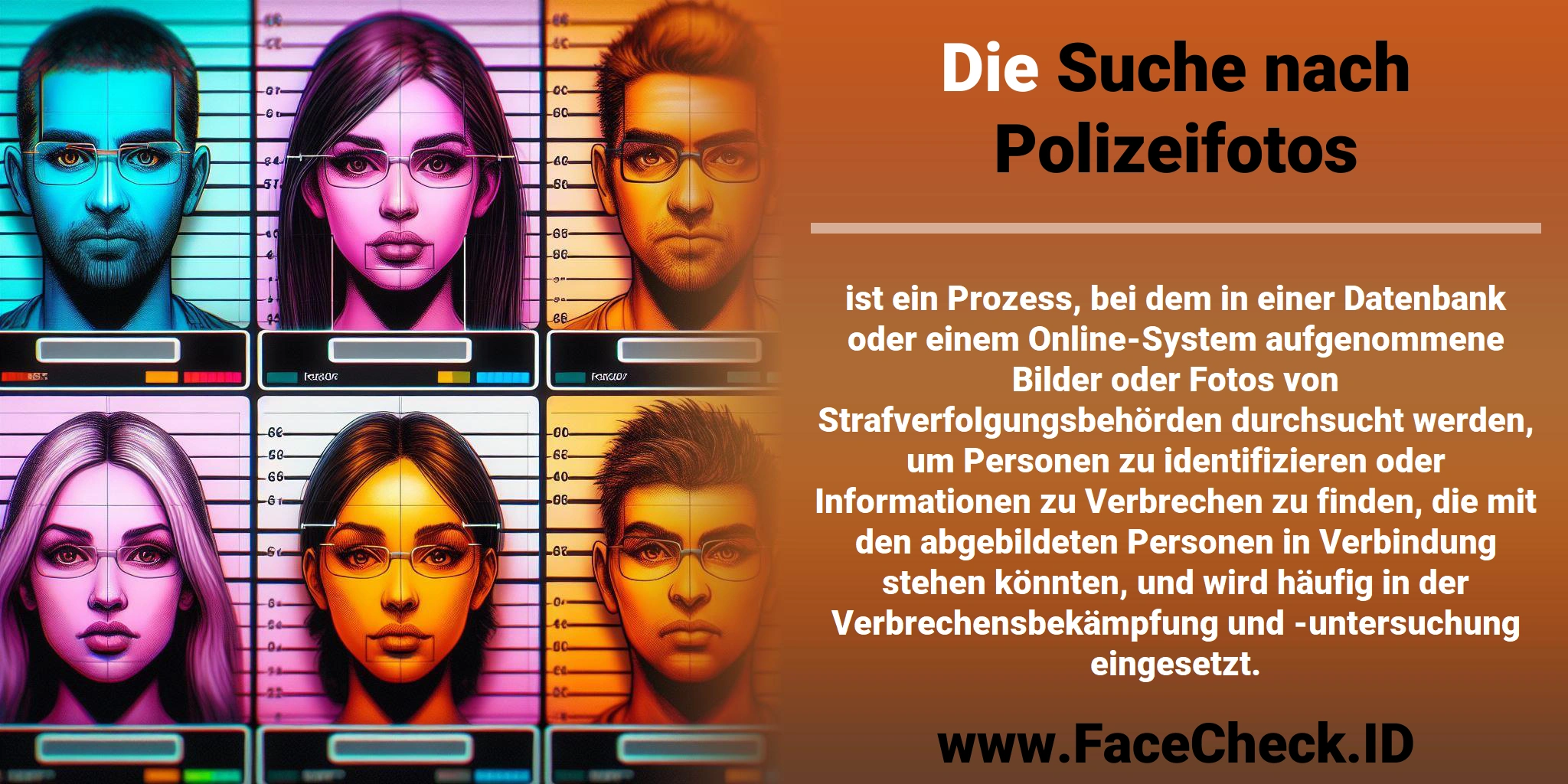 Die <b>Suche nach Polizeifotos</b> ist ein Prozess, bei dem in einer Datenbank oder einem Online-System aufgenommene Bilder oder Fotos von Strafverfolgungsbehörden durchsucht werden, um Personen zu identifizieren oder Informationen zu Verbrechen zu finden, die mit den abgebildeten Personen in Verbindung stehen könnten, und wird häufig in der Verbrechensbekämpfung und -untersuchung eingesetzt.