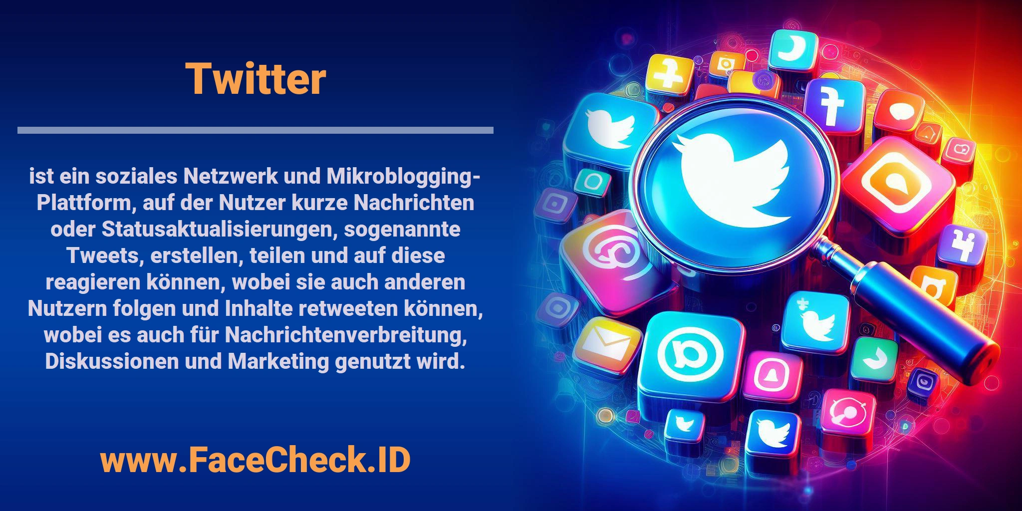 <b>Twitter</b> ist ein soziales Netzwerk und Mikroblogging-Plattform, auf der Nutzer kurze Nachrichten oder Statusaktualisierungen, sogenannte Tweets, erstellen, teilen und auf diese reagieren können, wobei sie auch anderen Nutzern folgen und Inhalte retweeten können, wobei es auch für Nachrichtenverbreitung, Diskussionen und Marketing genutzt wird.