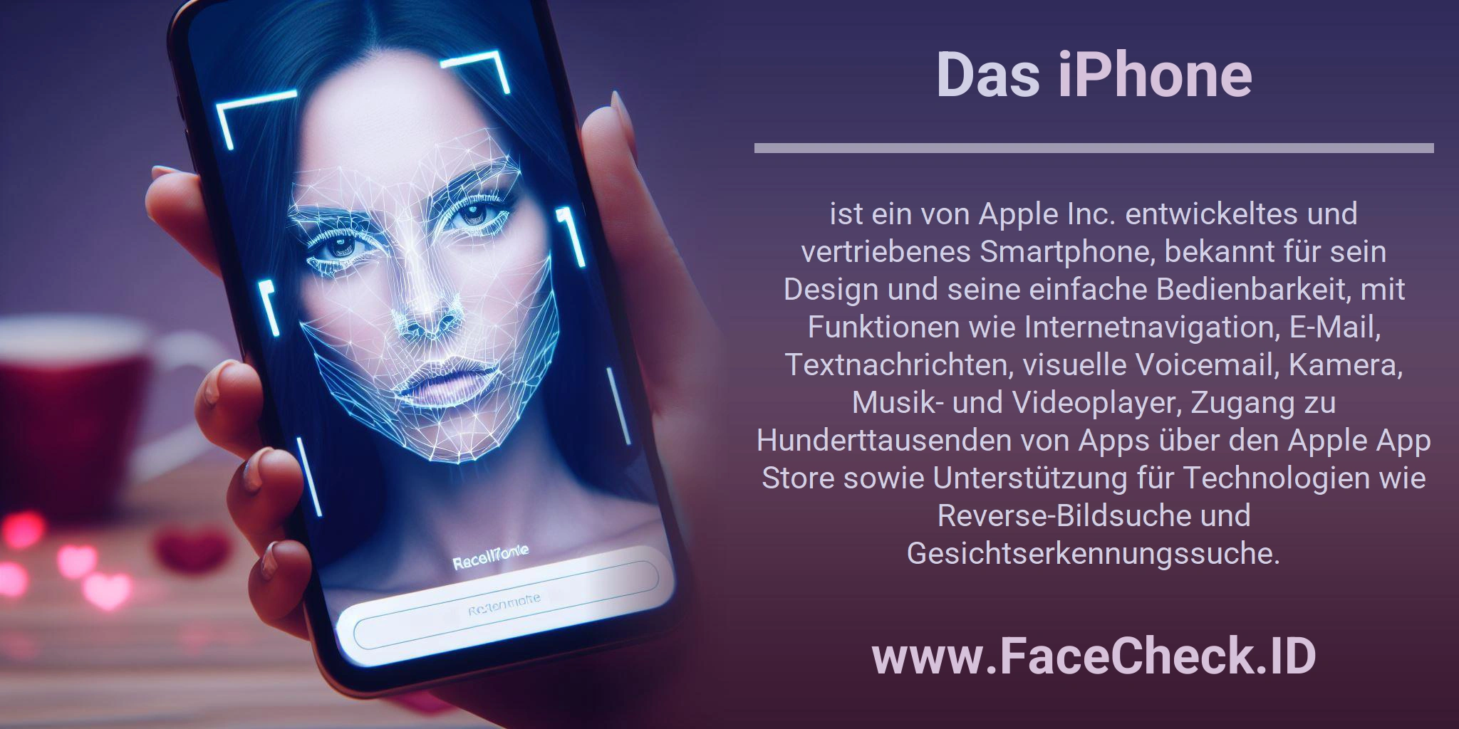 Das iPhone ist ein von Apple Inc. entwickeltes und vertriebenes Smartphone, bekannt für sein Design und seine einfache Bedienbarkeit, mit Funktionen wie Internetnavigation, E-Mail, Textnachrichten, visuelle Voicemail, Kamera, Musik- und Videoplayer, Zugang zu Hunderttausenden von Apps über den Apple App Store sowie Unterstützung für Technologien wie Reverse-Bildsuche und Gesichtserkennungssuche.