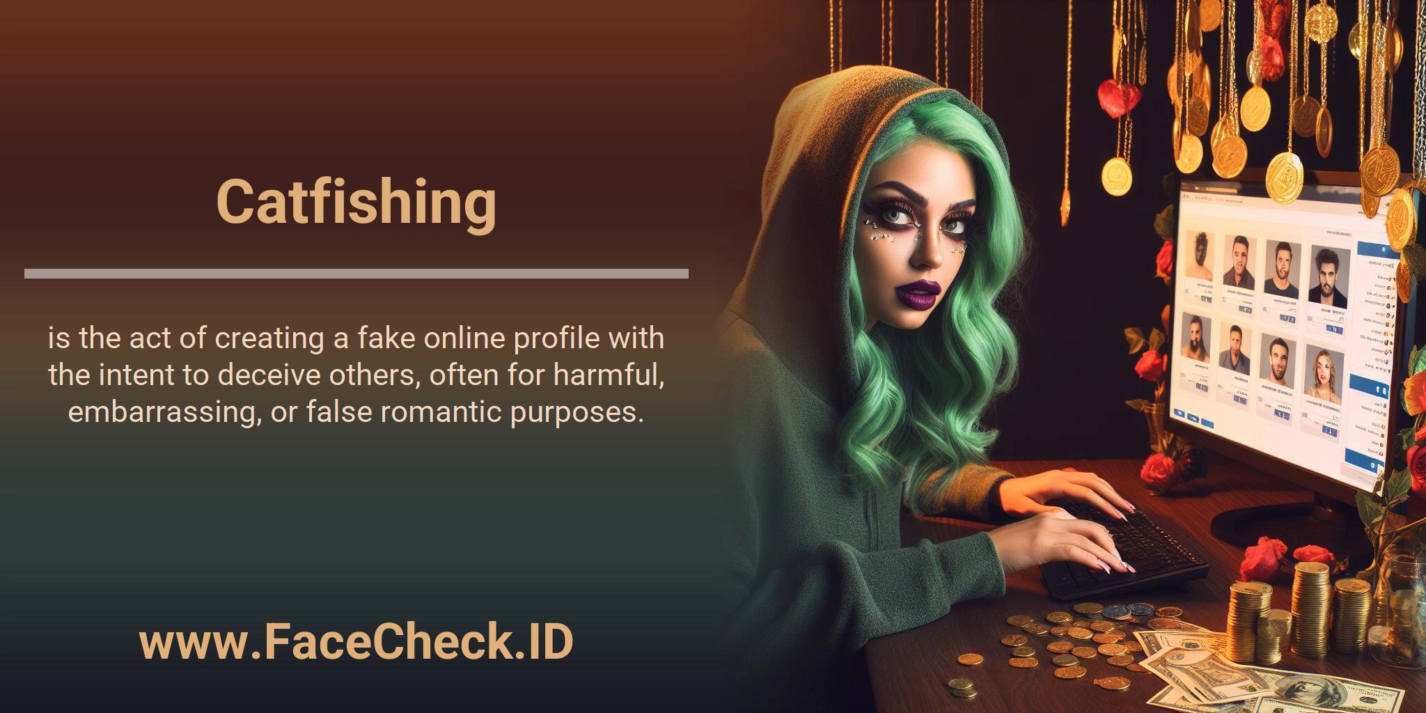 Catfishing is the act of creating a fake online profile with the intent to deceive others, often for harmful, embarrassing, or false romantic purposes.