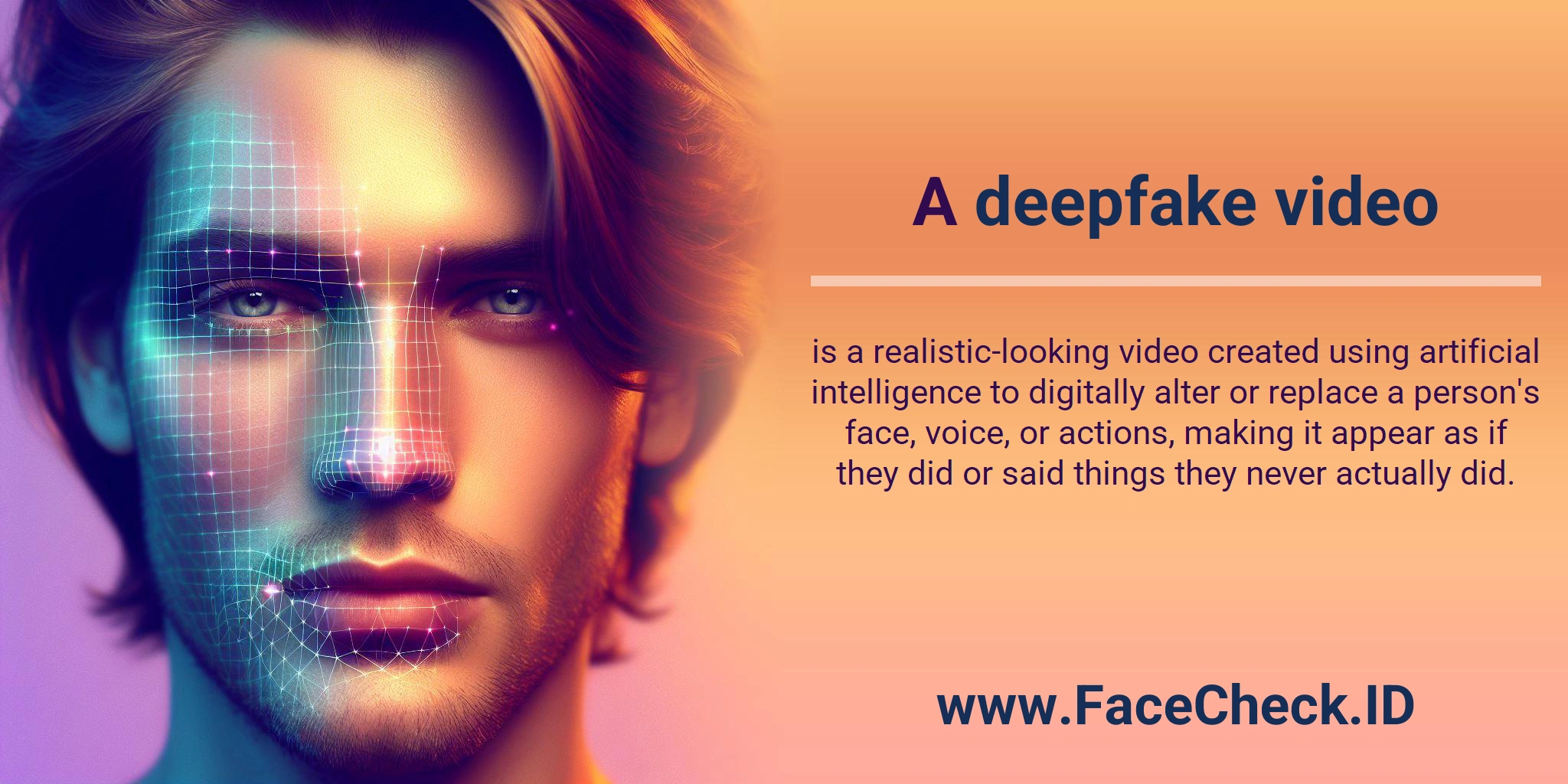 A <b>deepfake video</b> is a realistic-looking video created using artificial intelligence to digitally alter or replace a person's face, voice, or actions, making it appear as if they did or said things they never actually did.
